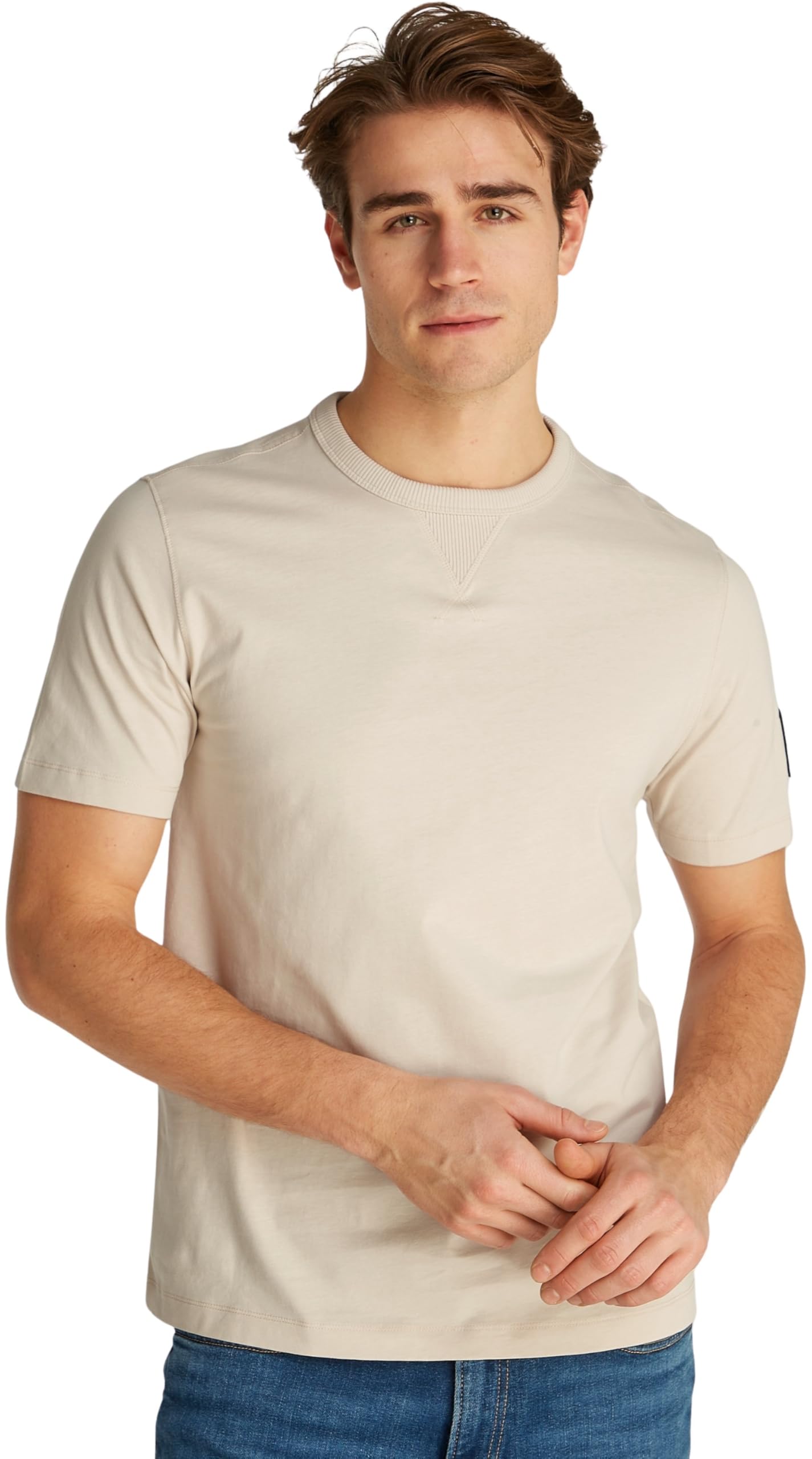 Calvin Klein Men’s Short Sleeve Regular T-Shirt with Logo Badge, Beige (Oatmeal), XXL