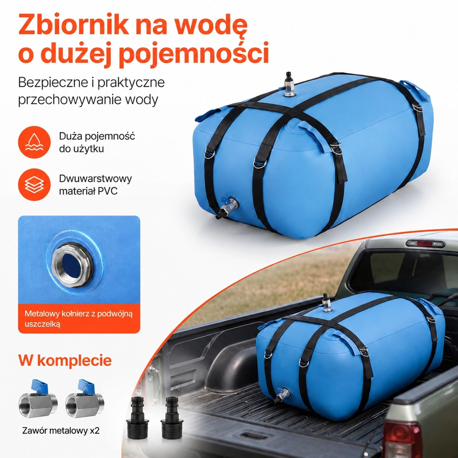 Worek do przechowywania wody 132 l / 35 gal, niebieski miękki worek TPU z nakrętką wlotu, pętlami mocującymi i akcesoriami do kampera, biwaku i nawadniania