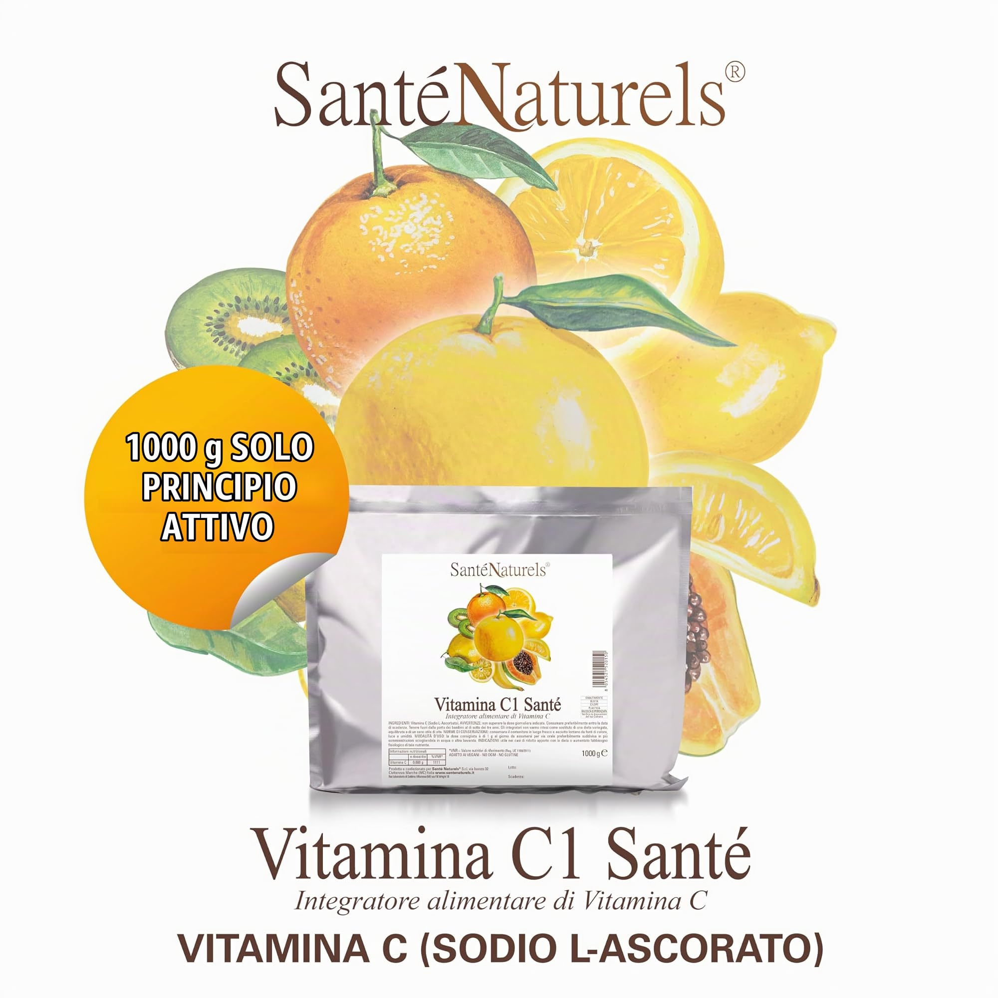 Acido Ascorbico 1kg ● Vitamina C in Polvere Pura Fine e Idrosolubile ● Integratore Alimentare Naturale ● No Ogm, No Lattosio, No Glutine ● Adatto ai Vegani