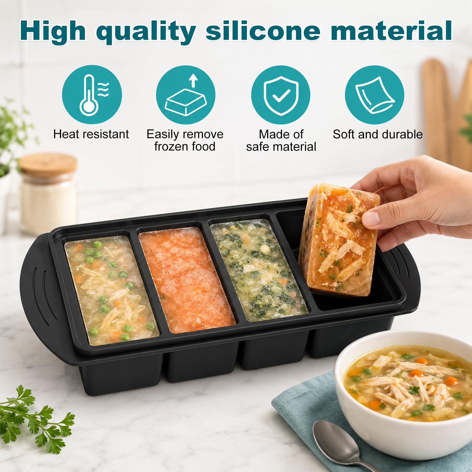 4er-Set Extragroße Silikon-Gefrierformen Mit Deckel – 250 Ml & 500 Ml Messmarkierungen, Antihaft, Lebensmittelecht – Ideal Für Suppen, Soßen, Brühen & Meal Prep