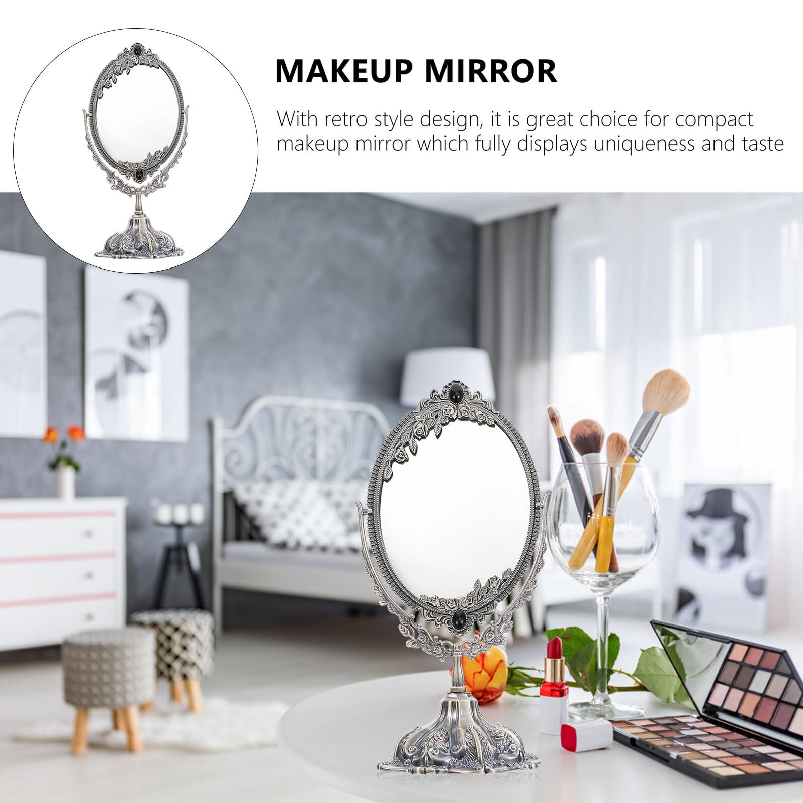 Cabilock Espejo Retro de Sobremesa Giratorio de Metal con Soporte, Espejo de Maquillaje Antiguo de Alta Definición para Obsequio y Uso Interior