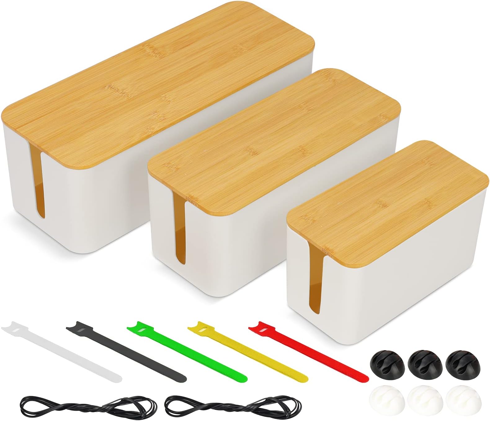 BEZORR Cable Tidy Box, 2 Cable Storage Box with Bamboo Lid, Hiding