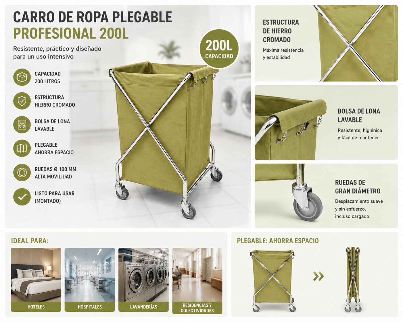 Carro de Ropa Plegable Profesional 200L – Estructura de Hierro Cromado con Bolsa Lavable – Carro Lavandería con Ruedas – Uso en Hoteles, Hospitales y Colectividades – Verde