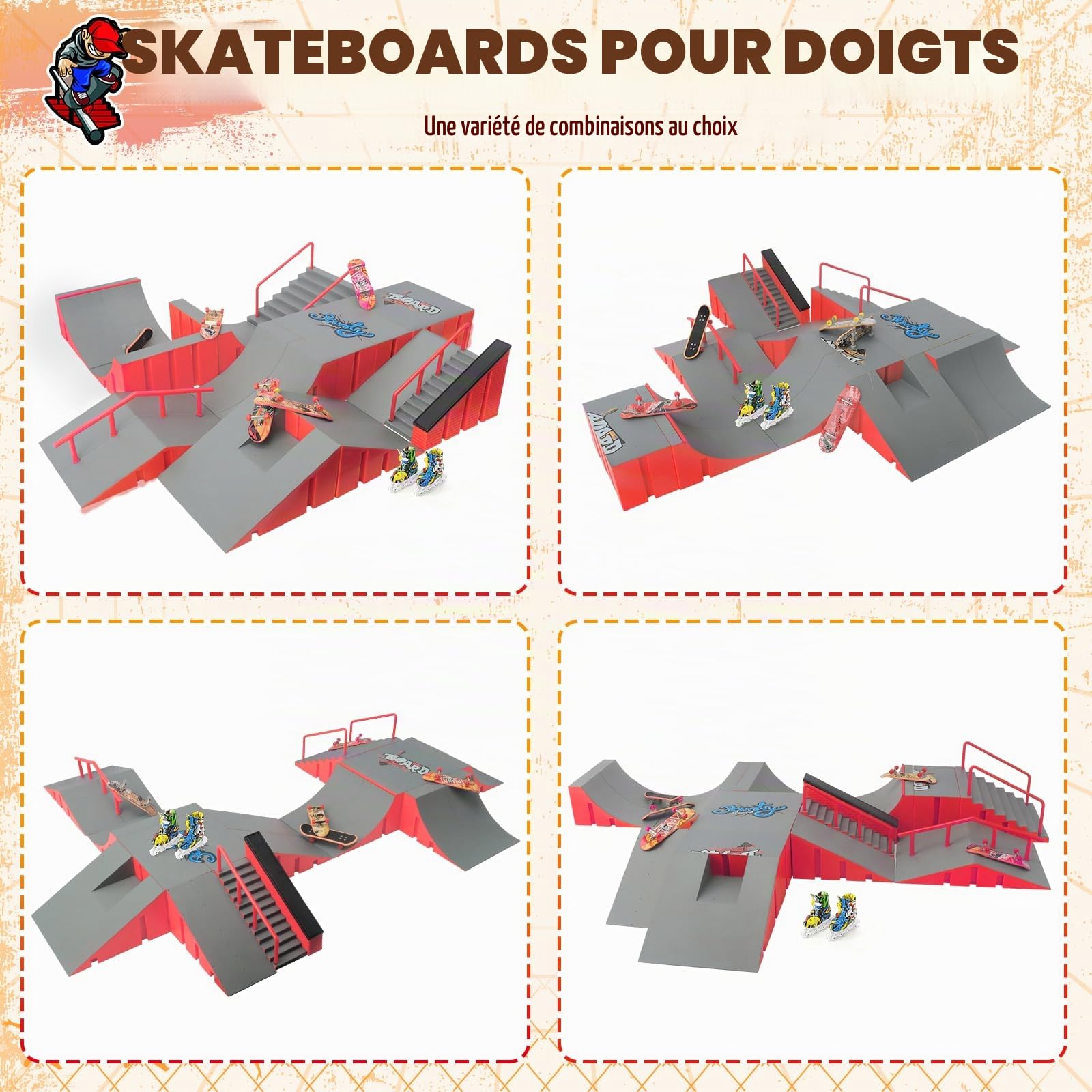 Tlater Kit de parc de skateboard pour doigts, ensemble de rampes de skateboard pour doigts 14 en 1 plus grand, ensemble de montage DIY Fingerboard Skatepark pour enfants, cadeau d'anniversaire