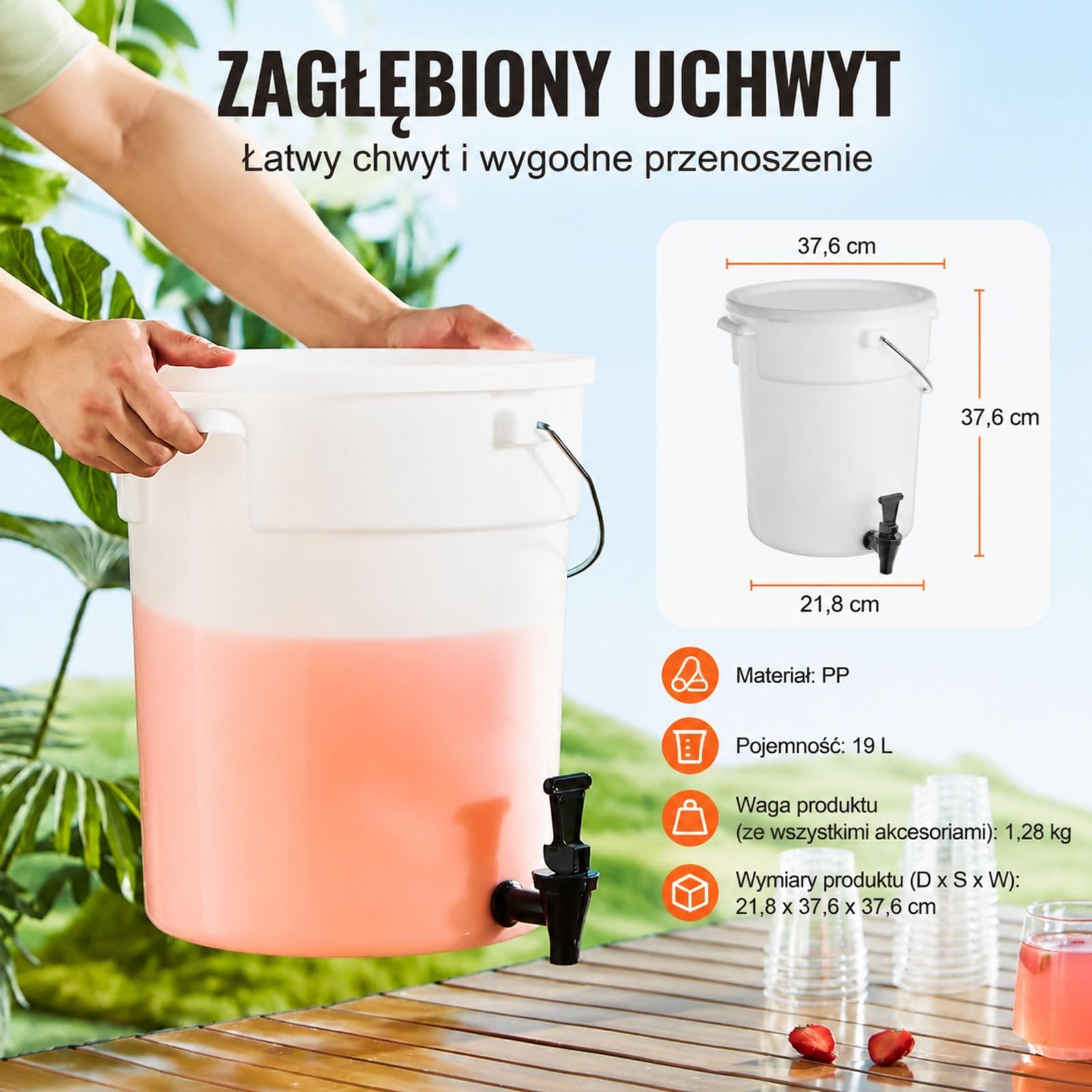 Plastikowy dozownik napojów 19 l z kranem i pokrywką do mrożonej herbaty, lemoniady, soku i wody, do restauracji, hoteli i imprez