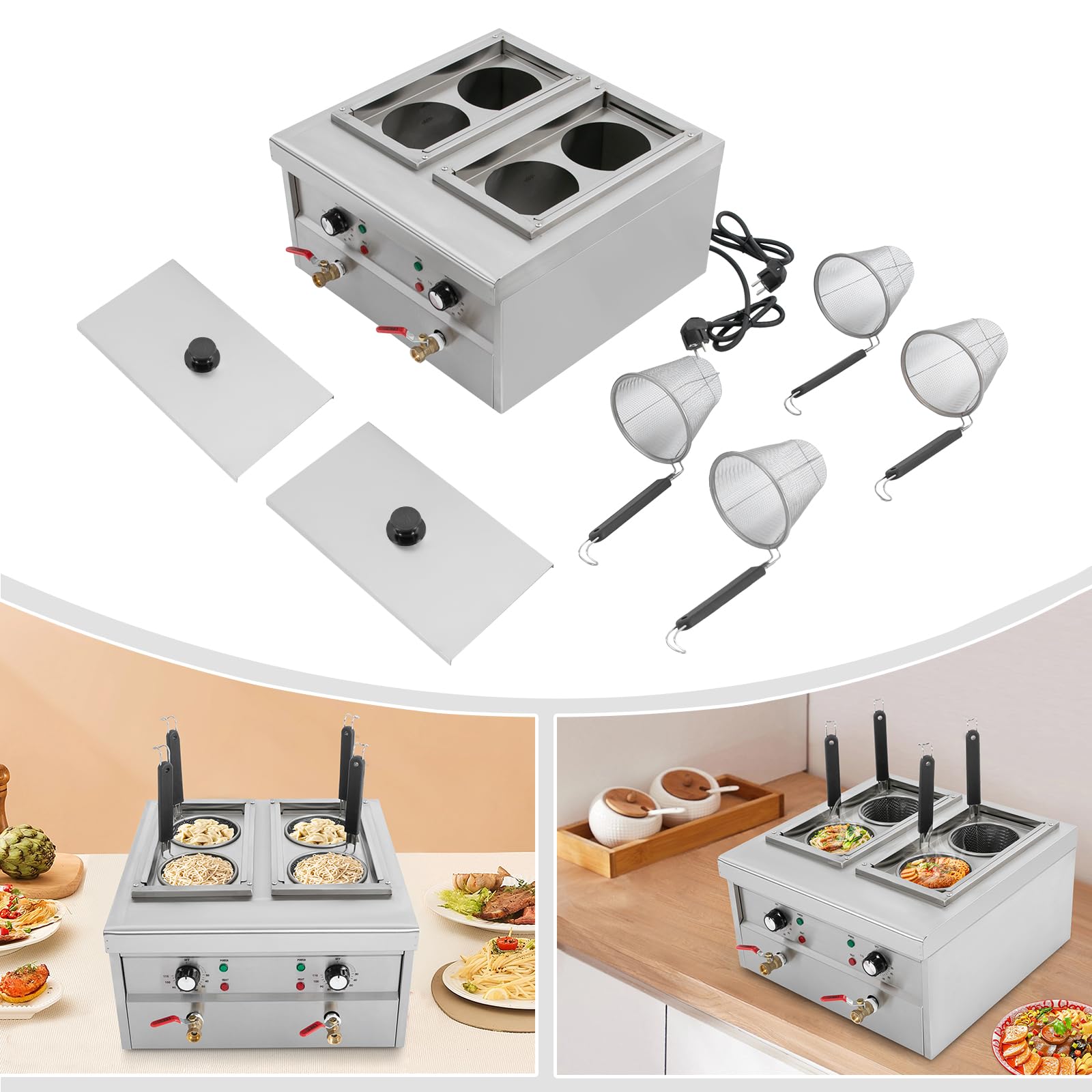 Fornello elettrico professionale in acciaio inox, 220 V, 2 x 2 KW, con 4 cestelli e luci di controllo, temperatura regolabile, per pasta, verdure cotte, pasta di riso e gnocchi