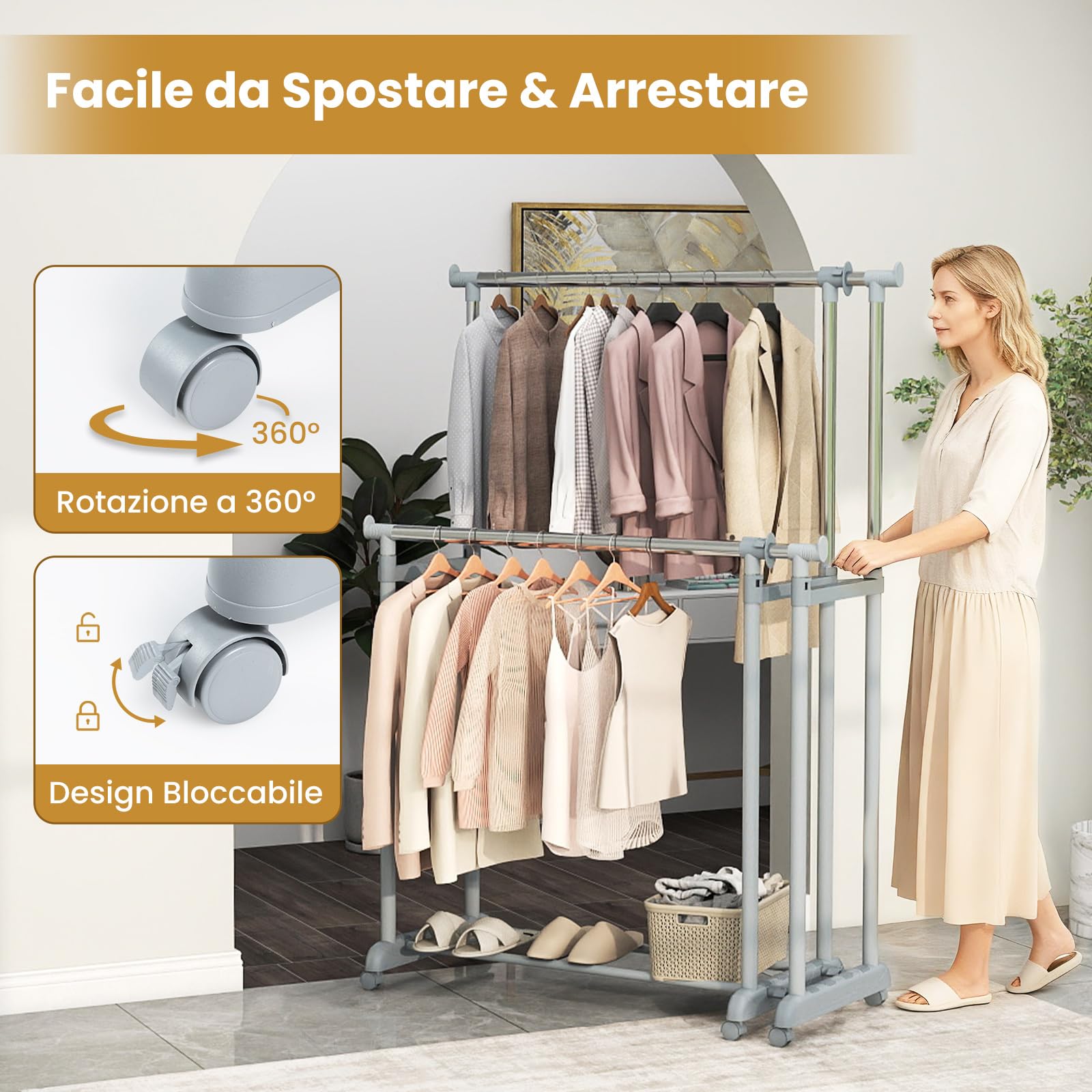 RELAX4LIFE Stand Appendiabiti con Ruote, Doppia Asta in Metallo con Altezza o Larghezza Regolabile, 4/6 Ruote Girevoli con 2 Bloccabili, Appendiabiti Robusto e Portatile per Lavanderia (Stile1)