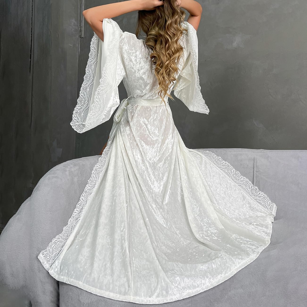 Women’s Long Velvet Robe Lace Trim Flannel Bridal Robe Kimono Sleeve Bathrobe Elegant Dressing Gown Sleepwear - Image 2