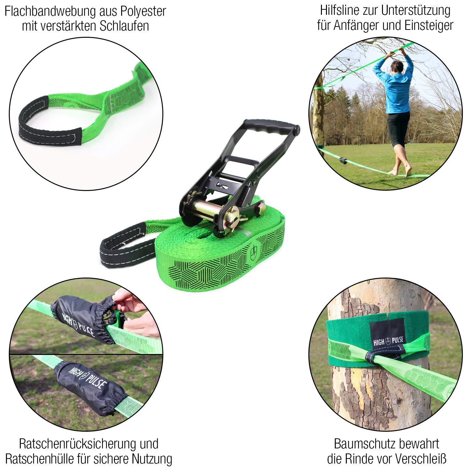 High Pulse® Slackline Set | 15 m – Komplettes Slackline-Set (12,5 m Band + 2,5 m Ratschenband) mit Ratsche, Ratschenschutz, Hilfsline, Balancierhilfe, Baumschutz und Transportbeutel