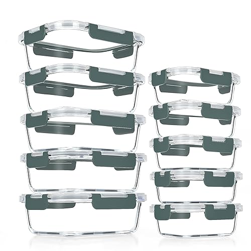 VERONES 10 Pack Glass Meal Prep Containers, Airtight Glass Lunch Containers, Stackable Glass Food Storage Containers Set with Lids,Exclusive of BPA,for Microwave, Oven, Freezer & Dishwasher,Grey - Grey