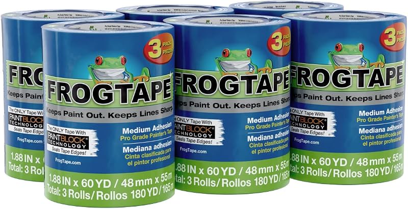 FrogTape ProGrade Blue Painters Tape with PAINTBLOCK, 2 Inch Wide (1.88 In. x 60 Yds), Medium Adhesion, Blue, 18 Rolls (104957)