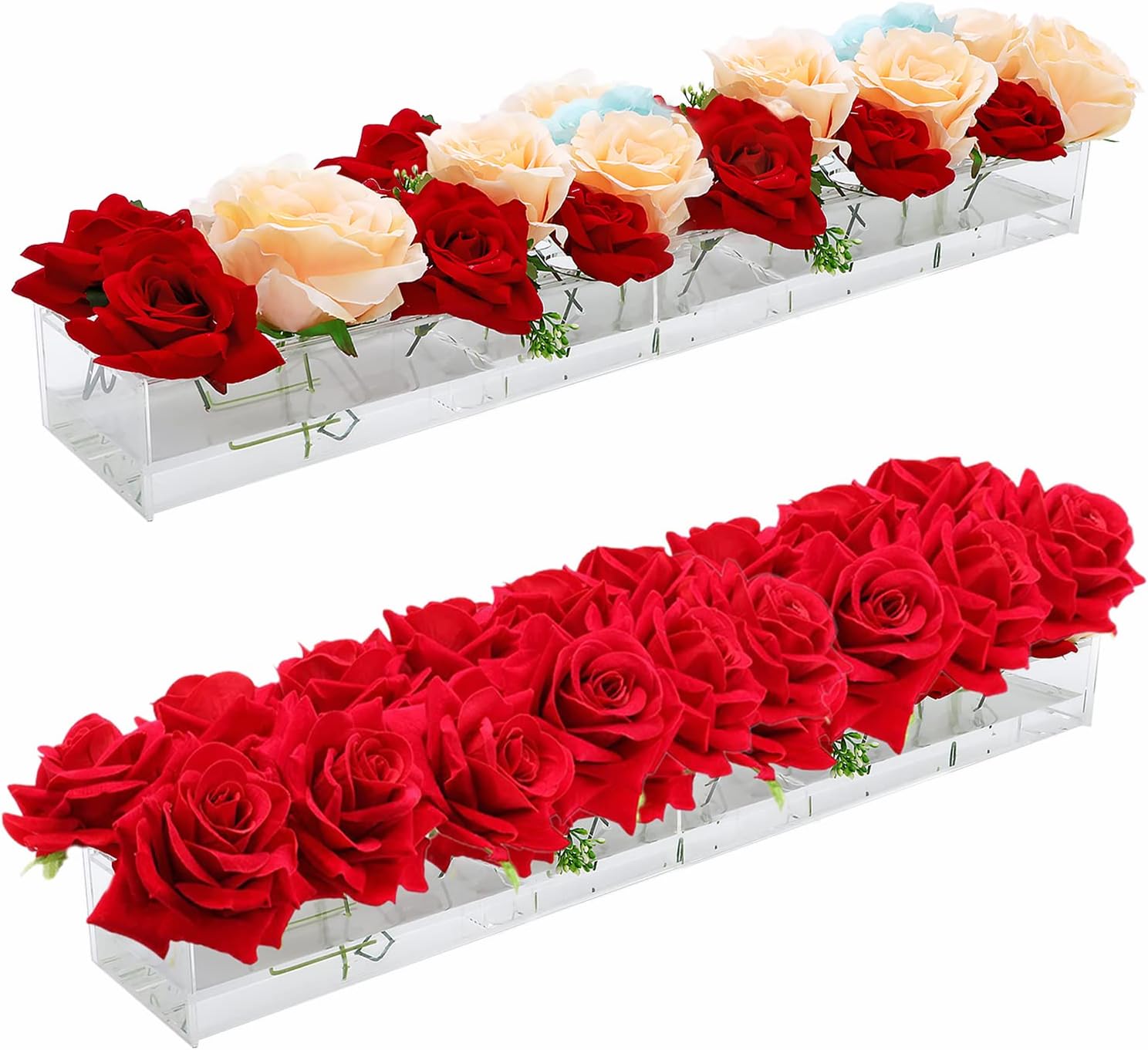 2 Pack Clear Acrylic Vase for Flowers, 17 Inch Long Rectangular Vase with 18 Holes, Low Floral Modern Vases for Centerpieces for Wedding Table and Dinning Room.