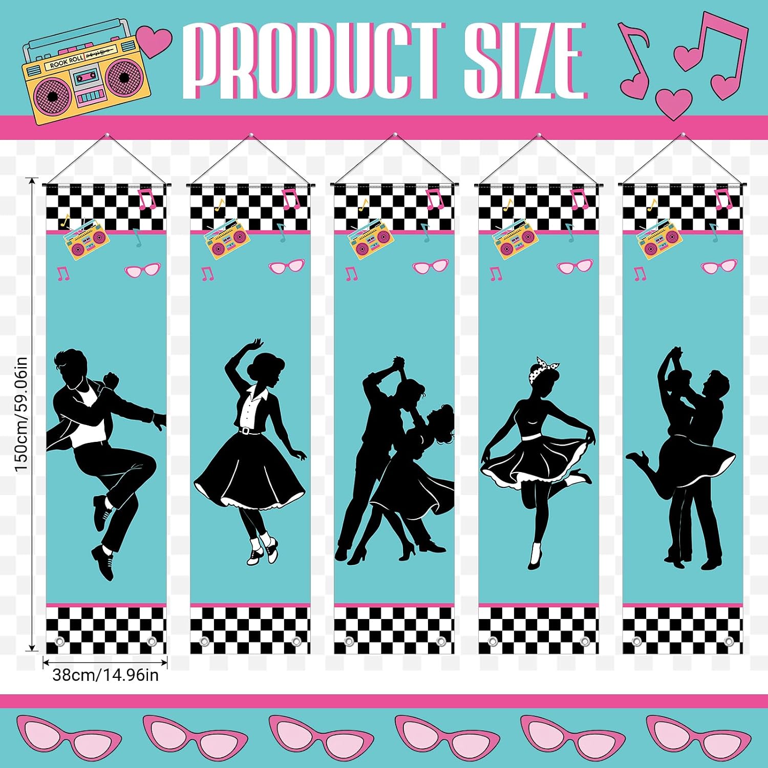 5 Pcs 1950s Party Decorations Banner Rock and Roll Hanging Signs