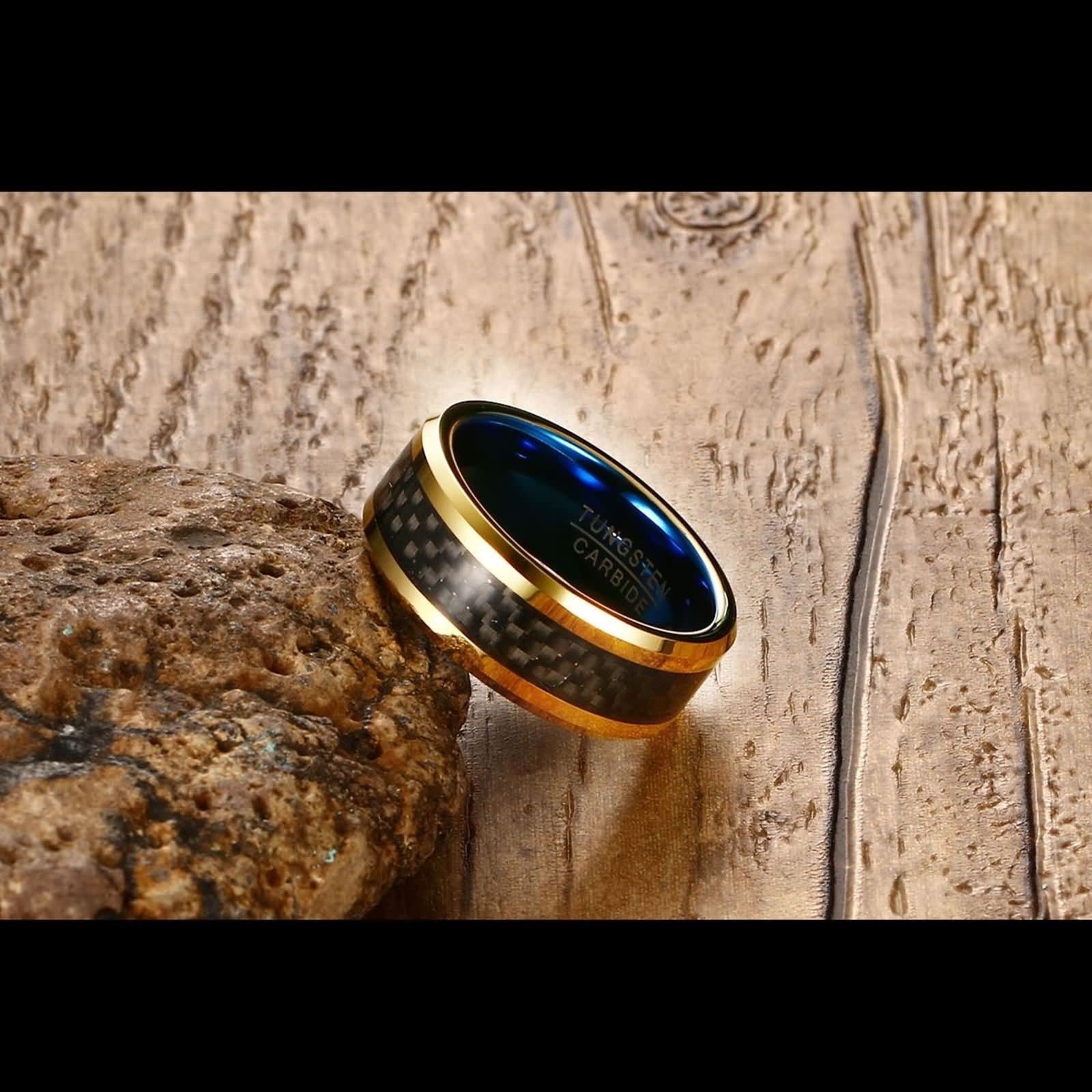 Anillo Carburo de Tungsteno Mujer, Anillo de Boda Pareja 2 Piezas Anillo de Oro de 8mm con Incrustaciones de Fibra de Carbono