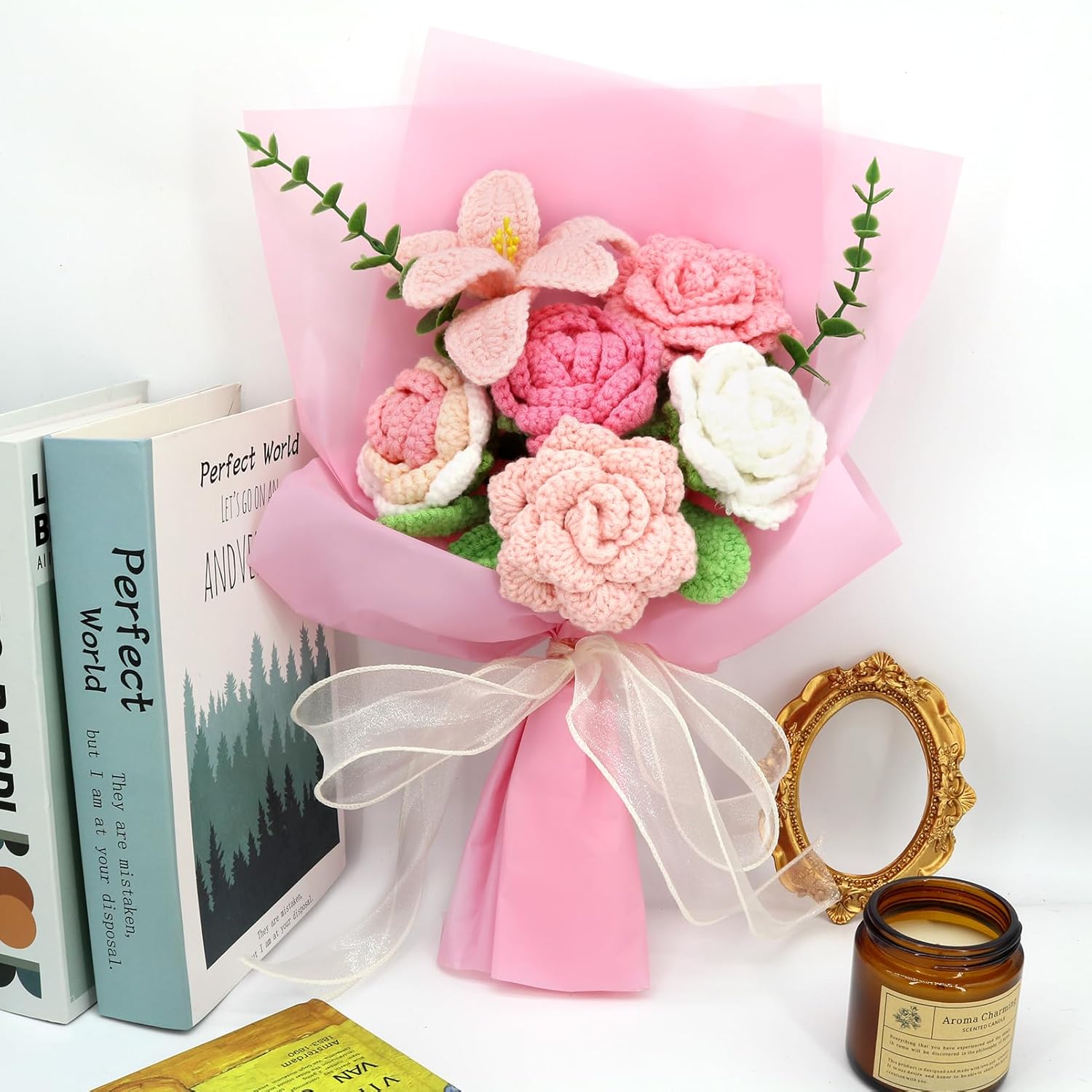 Marvogo Handmade Crochet Sunflowers Rose Daisy as a Gift for Lover, Family,Friends. Crochet Bouquet, Crocheted Yarn Flowers, Artificial Flower Finished Bouquet (Pink)