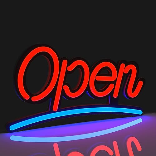 Letrero abierto para negocios, letrero abierto LED de 16 x 9 pulgadas, 4 modos de iluminación/constante, brillo ajustable, control remoto, letrero