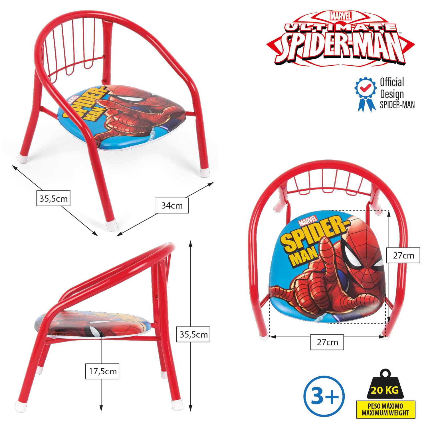 ARDITEX Silla Infantil Spiderman, Silla Metal 35,5 x 30 x 33,5 cm Roja