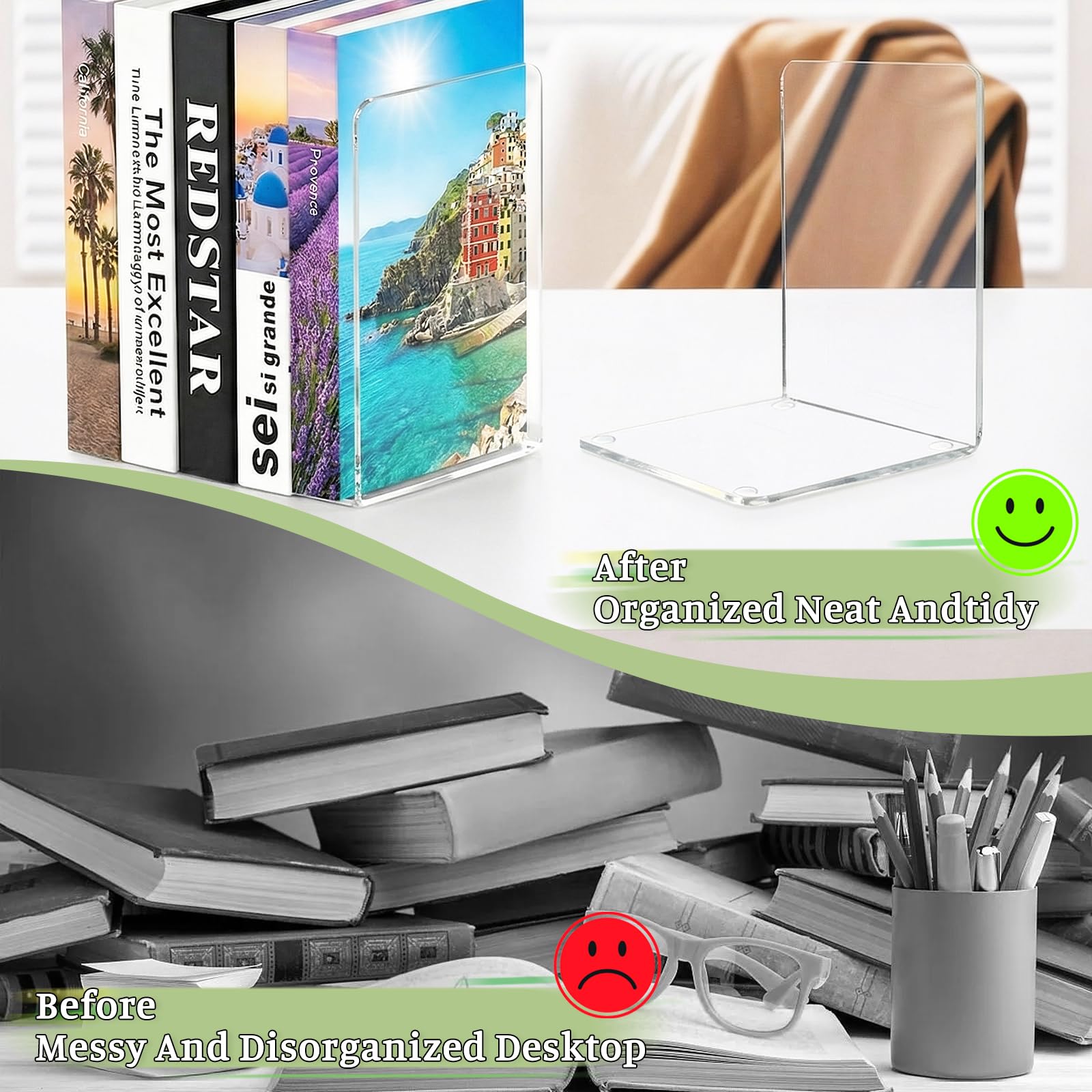 10 Piezas SujetaLibros Estanteria, Sujetalibros de Acrílico Transparente con 40 Almohadillas Antideslizantes, Organizador de Libros de 3 mm de Grosor, para Escuela Casa Oficina 10x10x13cm