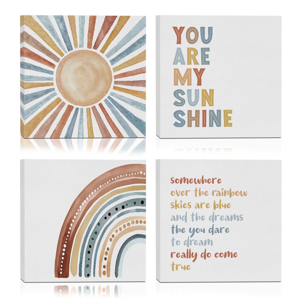 4 PCs You Are My Sunshine Wall Art Canvas Framed Artwork Nursery Boho Sun Rainbow Paintings Bedroom Playroom Bathroom Home Baby Room Toddler Girls Boys Decor