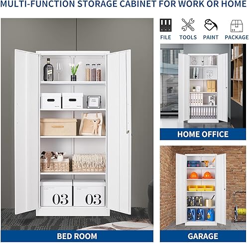 Miniatura 57 de Armario de almacenamiento de metal de 71 pulgadas con cerradura, resistente, gabinetes de herramientas de garaje con puertas y estantes, gabinete