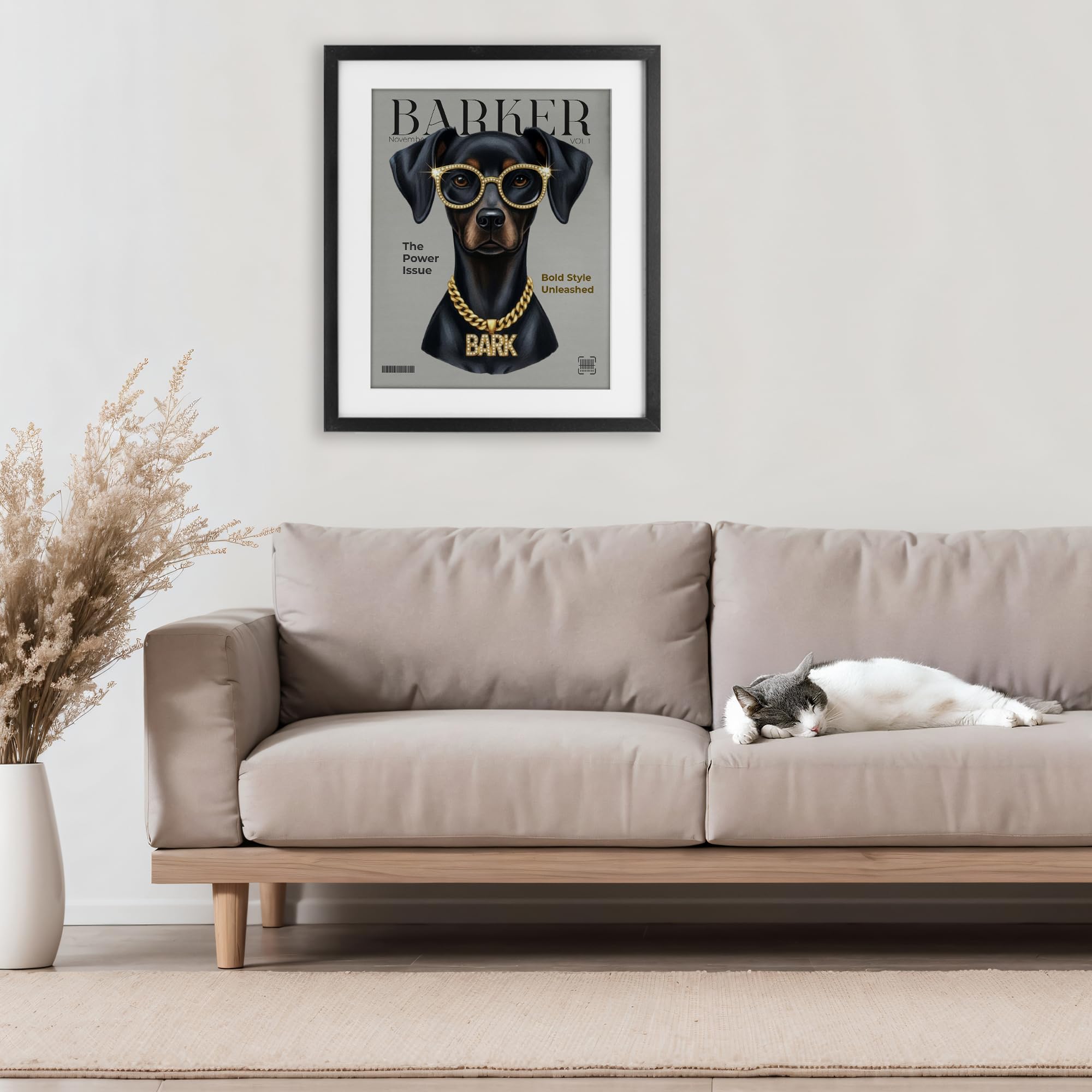 Design by A Barefoot Stylist – Wandkunst zum Aufhängen in den USA – "Barker Dog Fashion Magazine", gerahmter Druck unter Glas, Schwarz, 43,2 x 53,3 cm Stupell Industries