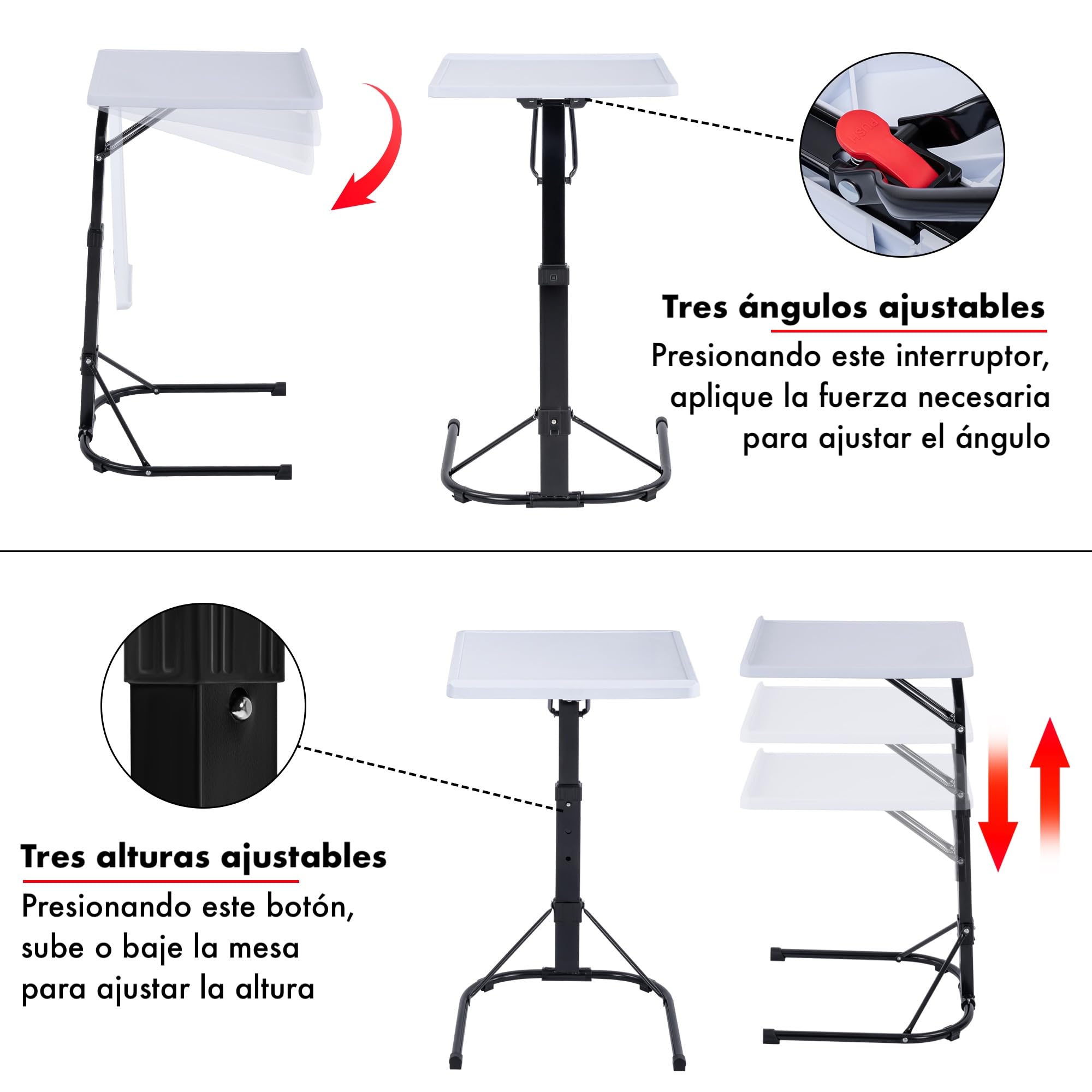 T-LOVENDO.ES Mesa Auxiliar Plegable con Altura Ajustable, Forma de C, con 3 Alturas (de 63,5 a 76 cm), 3 Ángulos Ajustables, para Ordenador Portátil, Lectura, Sofá, Sillón (Blanco)