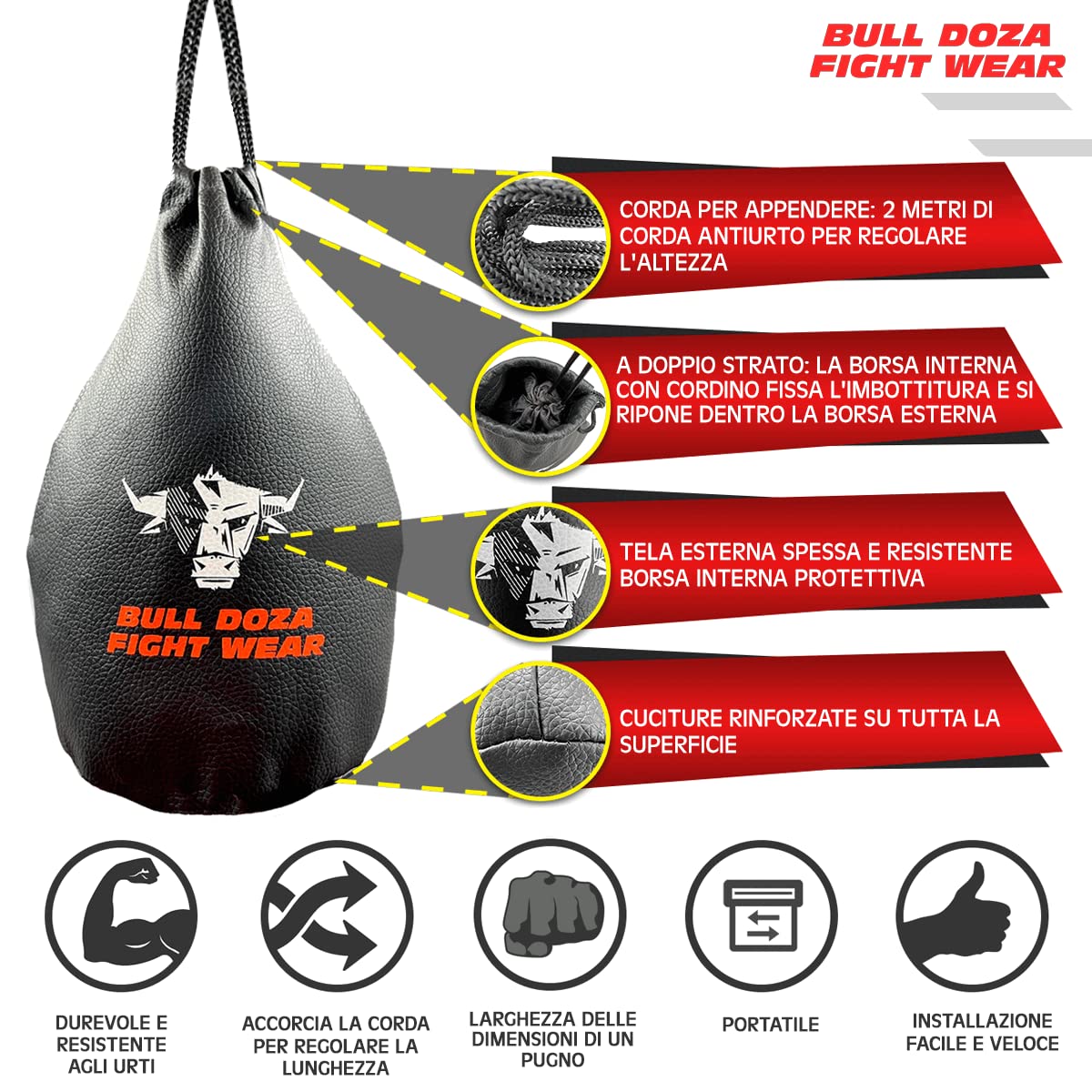 BULL DOZA FIGHT WEAR Sacco di reazione Slip - Larghezza pugno - 1 kg una volta riempito - Corda di 2 metri inclusa - Sacco da boxe MMA - Nero - Sacco da difesa n. 1 (non da boxe) (Nero)(M)
