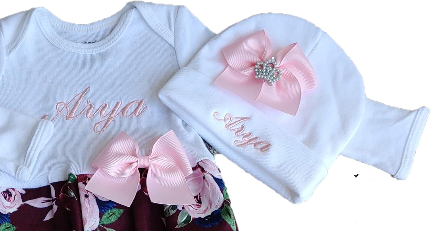 Newborn Baby Girl Coming Home Outfit Personalized Floral Layette Gown with Beanie Pink - Image 8