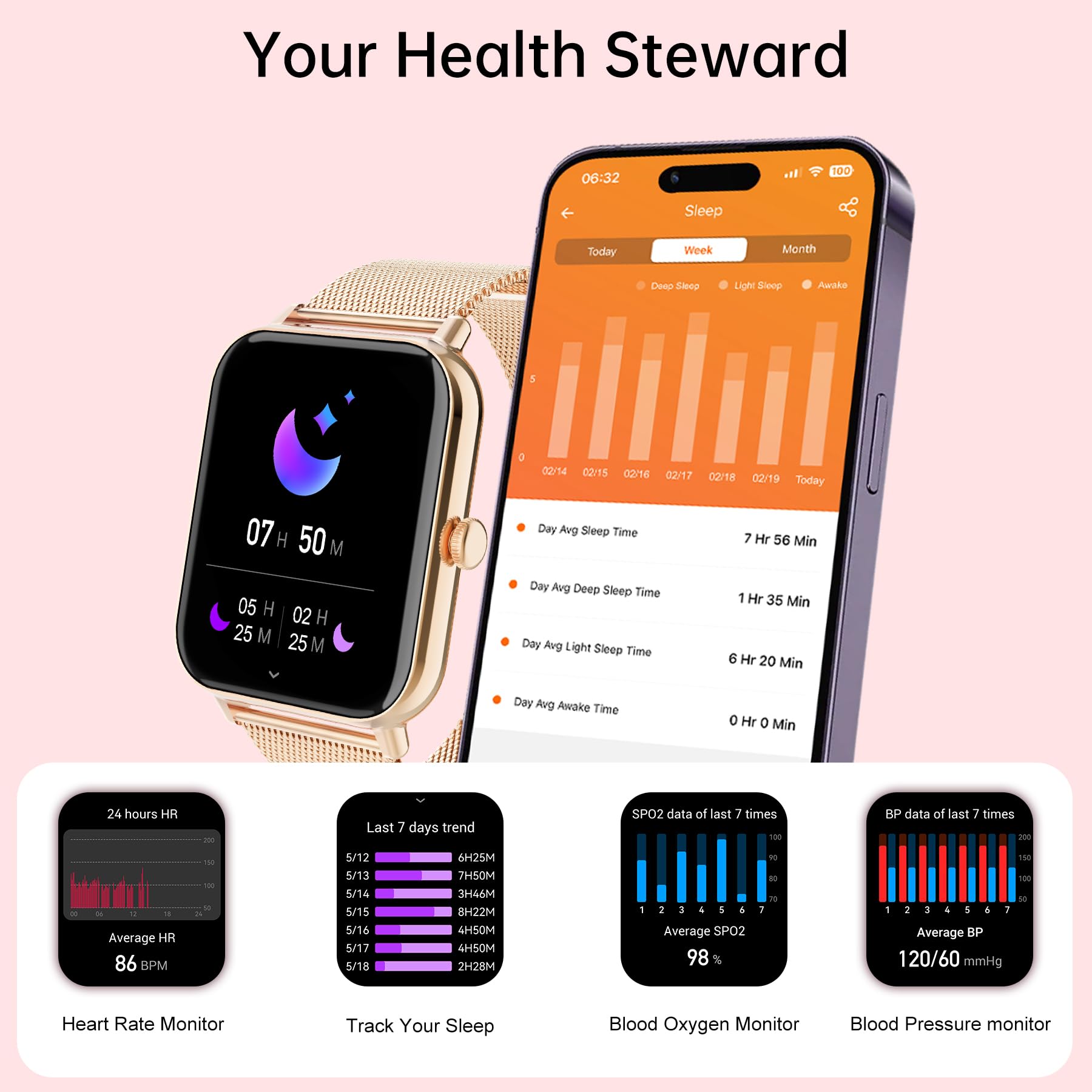 Betatree Smartwatch Donna Uomo con Chiamate e Notifiche Whatsapp, 1,85" Orologio Digitale Fitness Contapassi,120+ modalità Sportivo Smart Watch con Monitor Sonno/Cardiofrequenzimetro per iOS Android