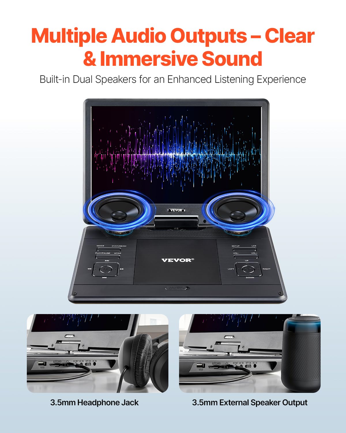 VEVOR tragbarer DVD-Player mit drehbarem HD-Bildschirm (358 mm), eingebauter Akku mit 4,5-5 h Laufzeit, 2 Lautsprecher, unterstützt Synchronisierung von TV/USB/SD-Karte/CD/DVD, Autoladegerät schwarz