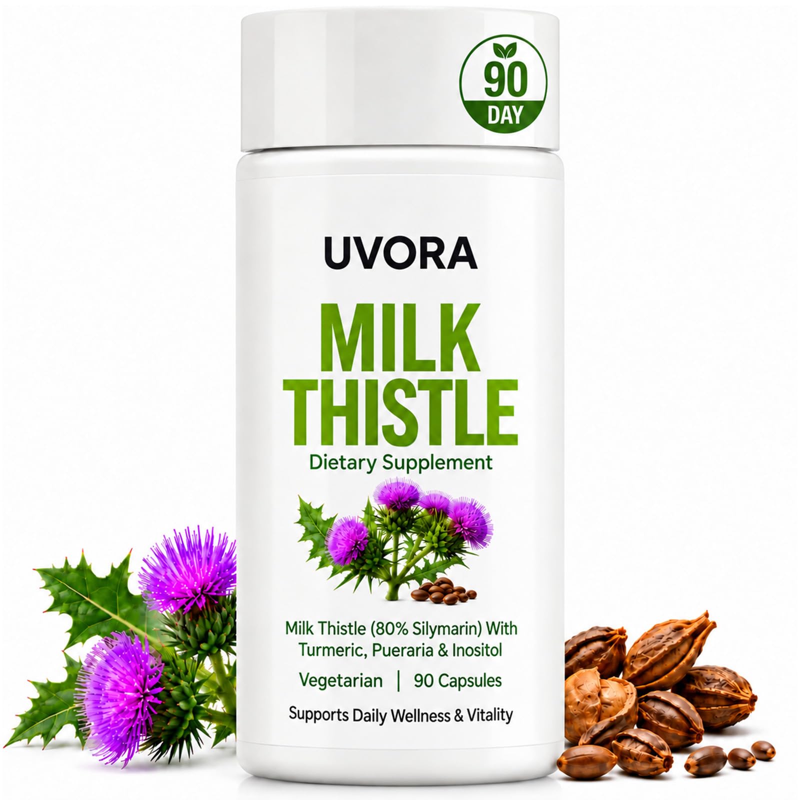 Uvora Milk Thistle Supplement, Apoyo Hepático Con Cardo Mariano, 80% Silymarin Liver Support Formula with Inositol &amp; Turmeric, Non-GMO Ingredients,Free from Gluten and Soy. Vegan-Friendly, 90 Capsules