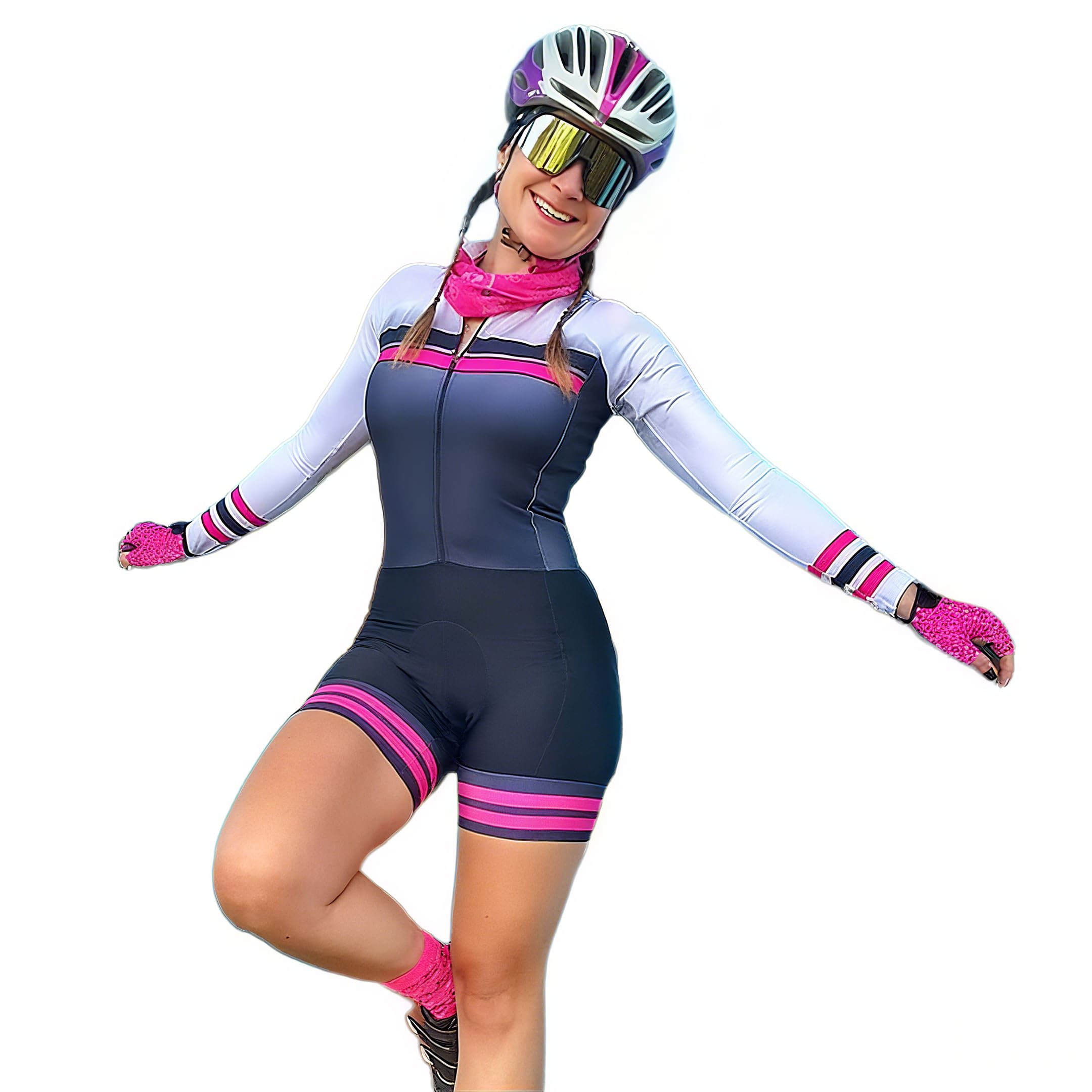 Damen Triathlon Anzug Einteiler Radanzug Langarm Skinsuit Overall Radfahren Damen Radtrikot Pink Rot XS-3XL