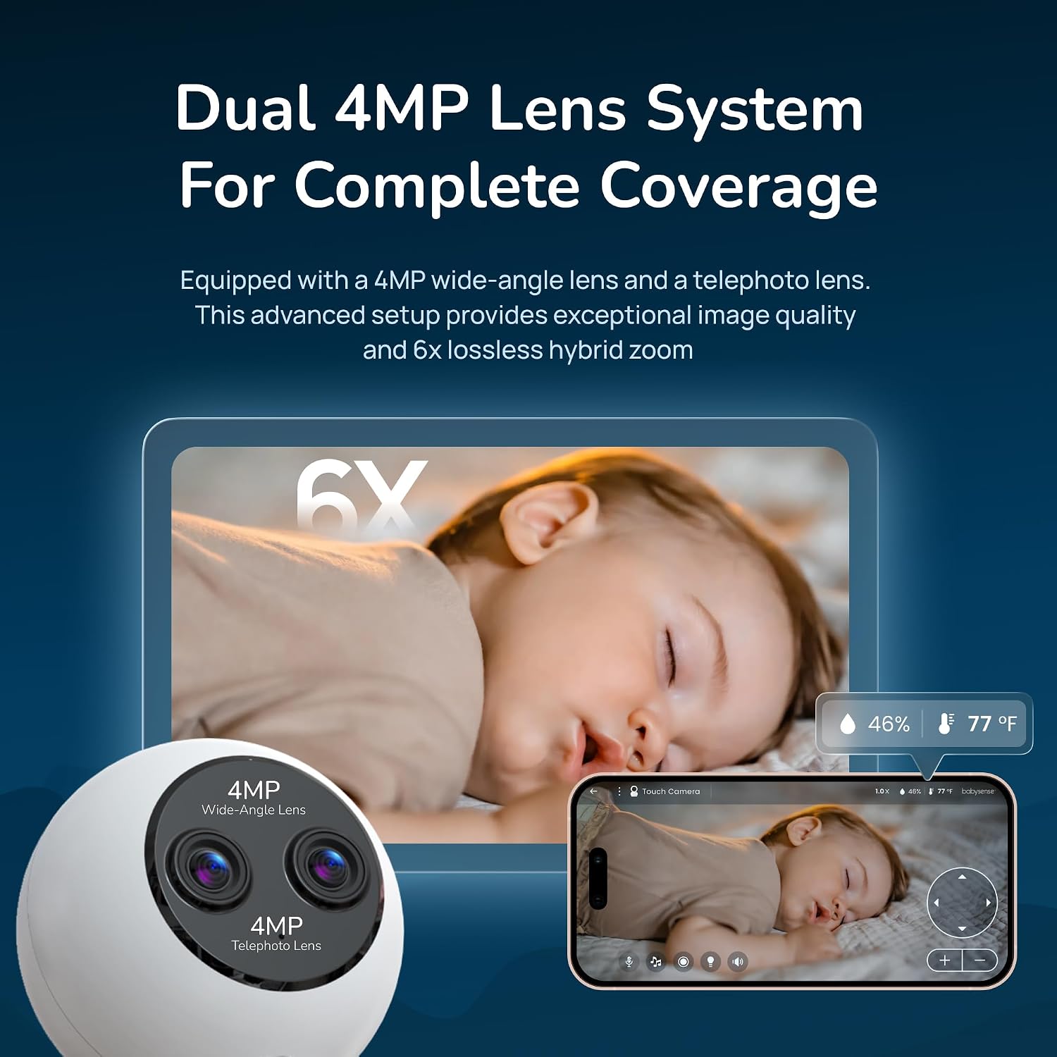 Babysense Touch Add-On Camera Unit – 4MP Dual-Lens (Wide & Telephoto), 6X Hybrid Zoom, AI Auto Tracking & Focus Area, Night Vision, Compatible w Touch Parent Unit/App (Monitor Not Included)
