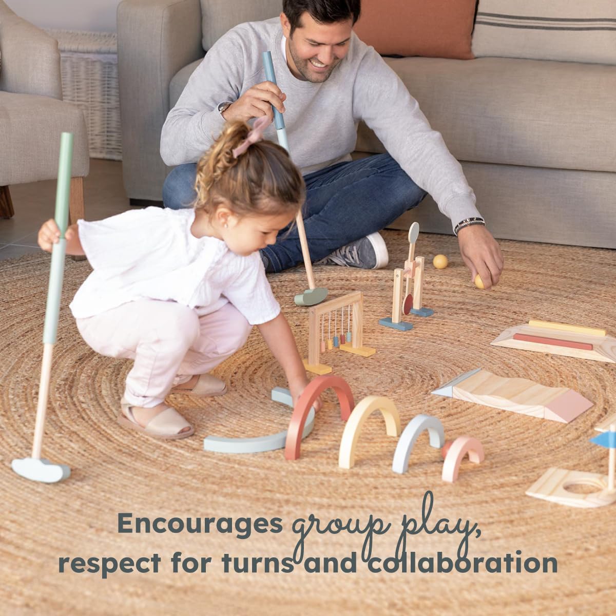 Beeloom – Mini Golf de Madera para Niños, Juego Educativo con Palos, Bolas y Obstáculos, Portátil para Interior y Exterior, Juguete Simbólico Multicolor, +3 Años