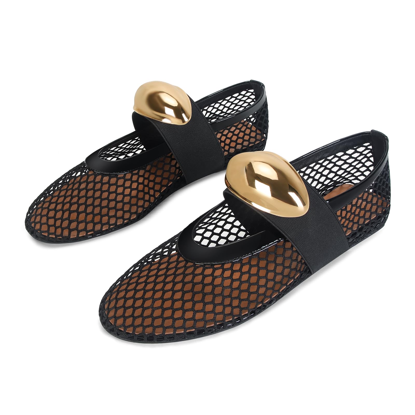 DOEYGMesh Ballet Flats for Women Buckle Strap Comfy Casual Office Fishnet Ballerina Flat Shoes