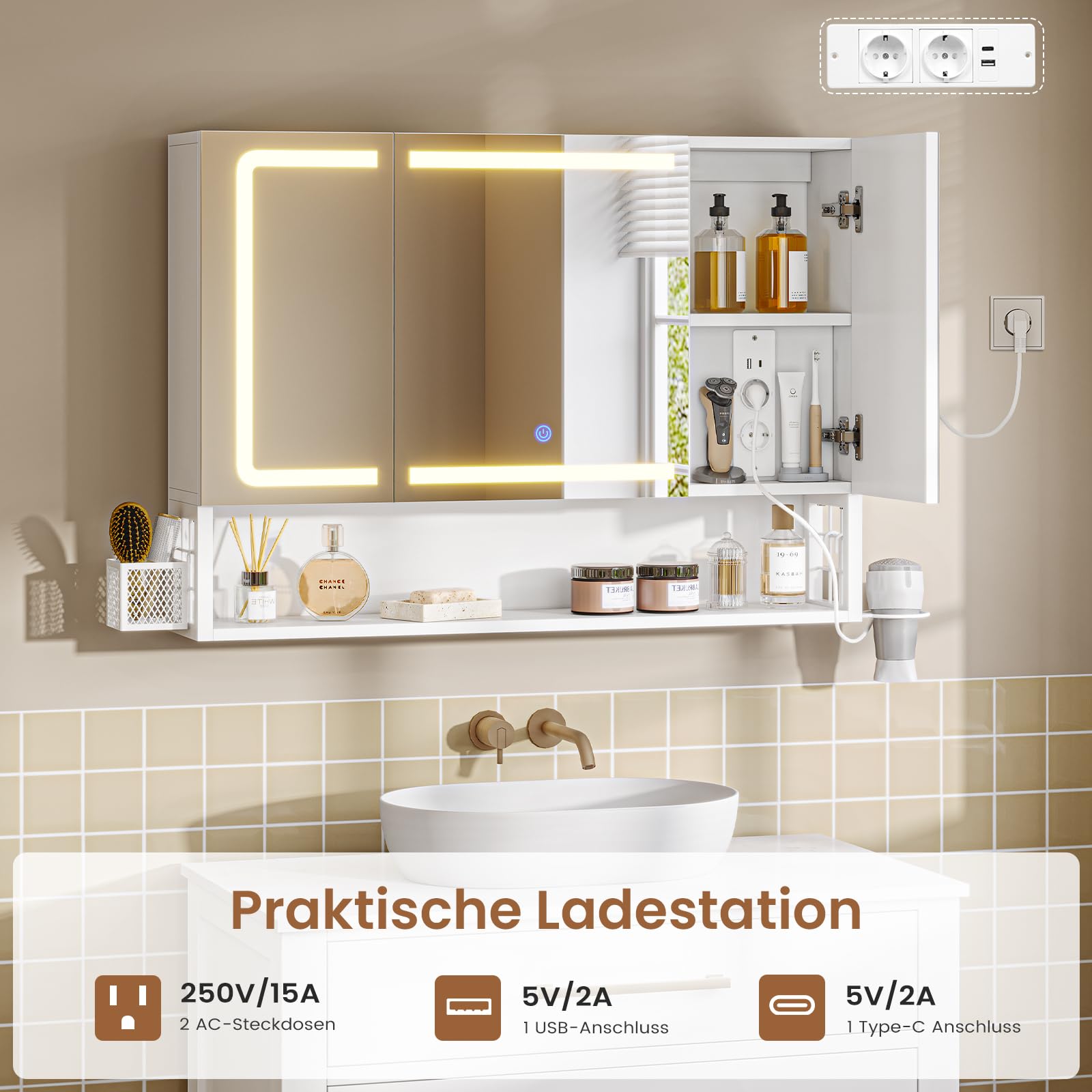 Badezimmer Spiegelschrank mit LED-Beleuchtung & Steckdose, Badezimmerschrank mit 3 Türen & Verstellbarer Ablage, Spiegelschrank Bad mit HD-Spiegel, Berührung Sensorschalter, 80×16×60 CM, Weiß