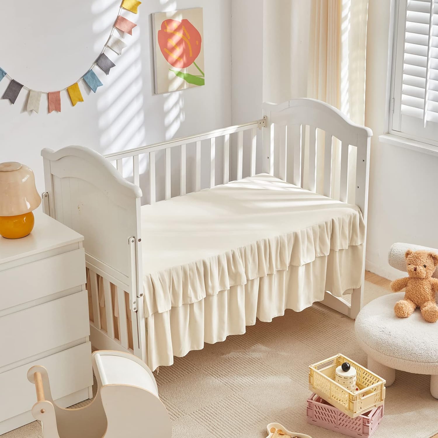 Juego de ropa de cama para cuna pequeña de 3 piezas, edredón acolchado con volantes y sábana bajera ajustable y falda de cama con volantes, bonita ropa de cama desgastada para bebé, solo para cuna,