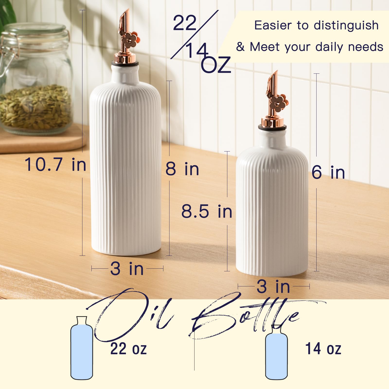 Dizada Dispenser per olio da cucina, dispenser per olio d'oliva, in ceramica, (623,7 g + 396,9 g), grande capacità, dispenser per olio e aceto, con beccuccio in acciaio inossidabile, contenitore per