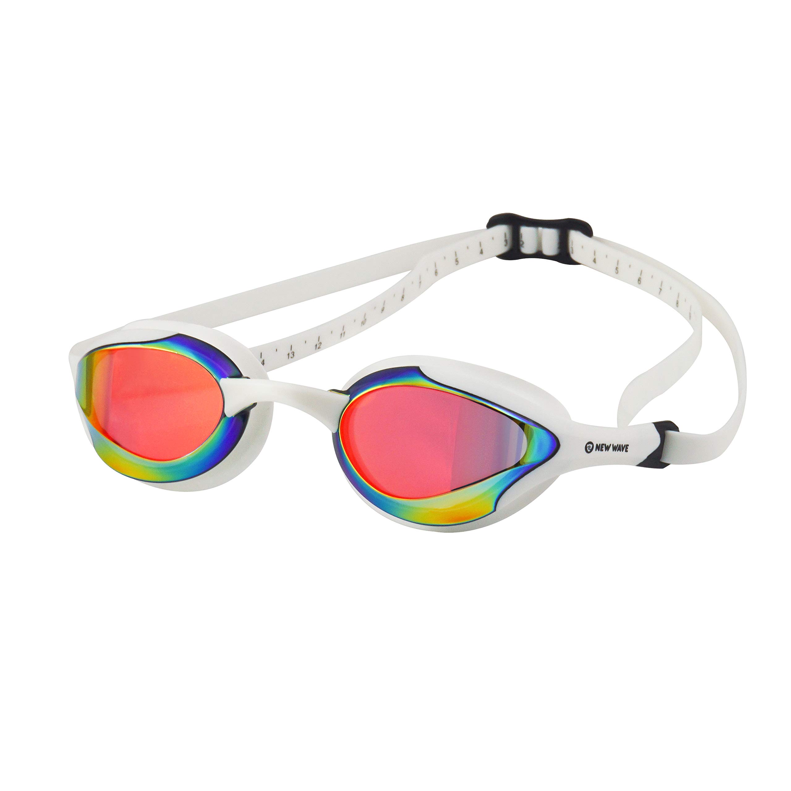 New Wave Swim Goggles with Protective Storage Case - Anti Fog Lenses, Four Nose Bridges for Triathlon & Open Water Swimming (Molten Pearl = Revo Lens in White Frame)