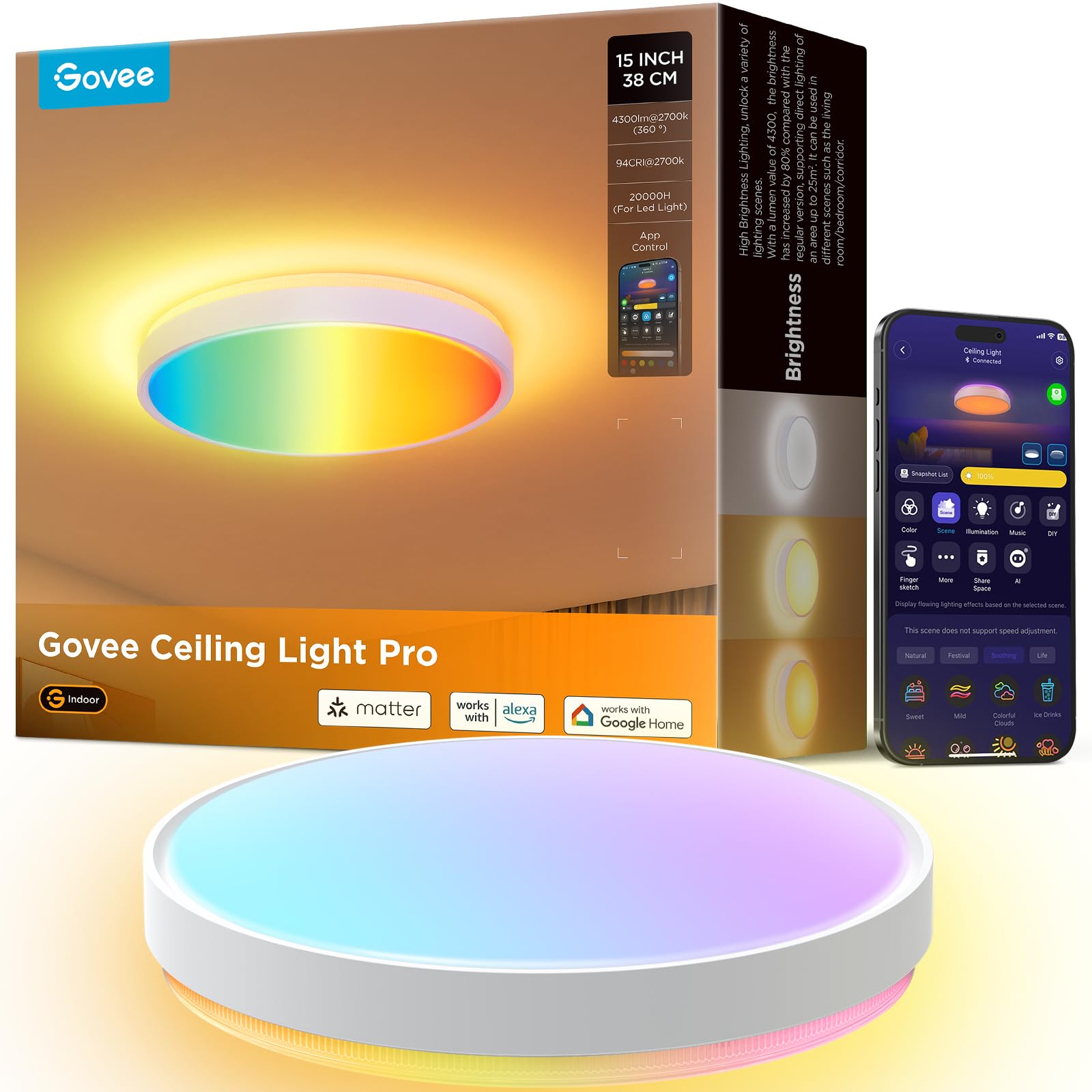 Govee RGBIC Ceiling Light 48.5W, Smart LED Ceiling Light 4300lm, Flush Mount Lamp Work with Matter Alexa Google Home