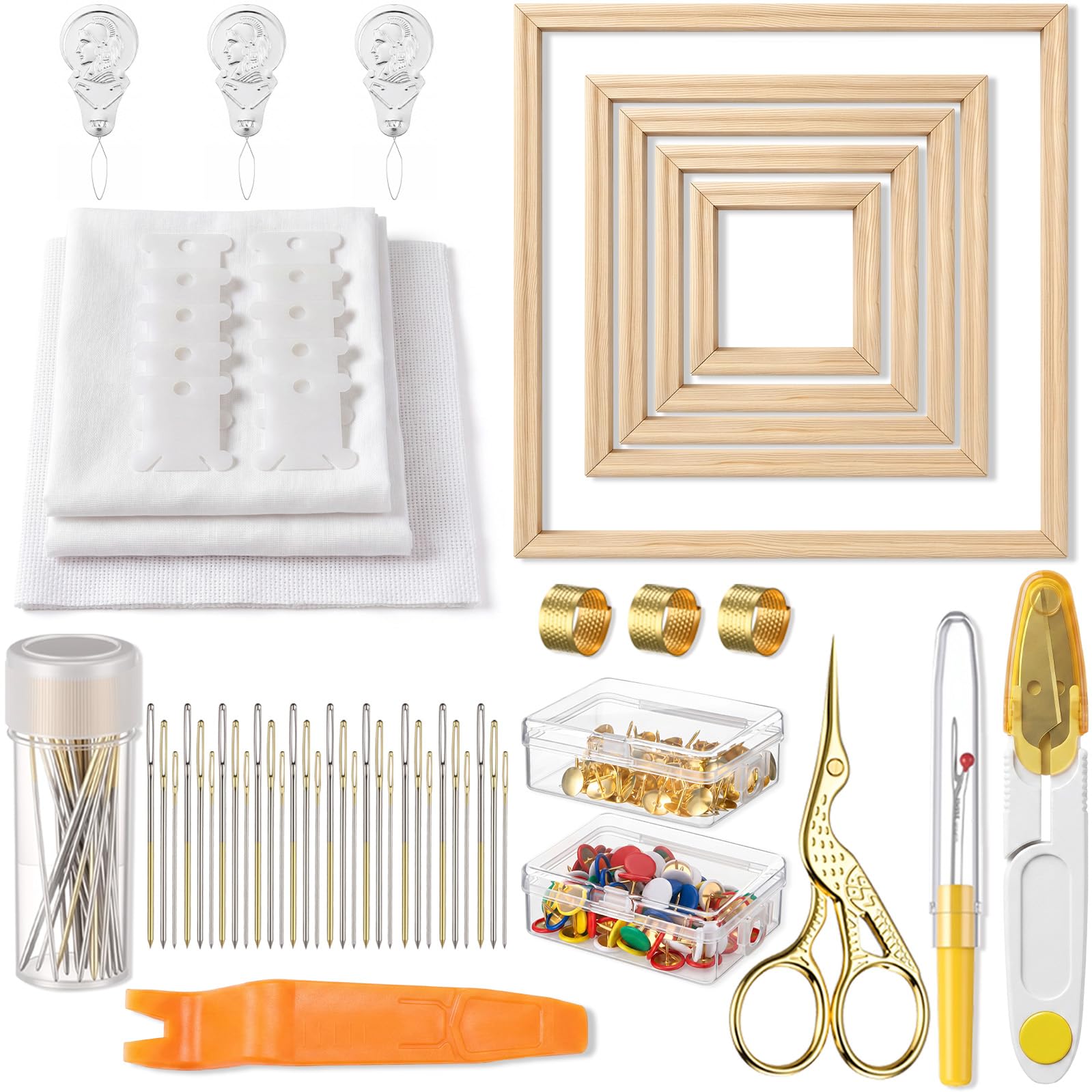 Hotop Kit de démarrage de broderie 257 pièces comprenant 5 tailles de barres en bois, ciseaux cigogne vintage, tissu à broder, 30 aiguilles à gros chas, dés à coudre et 200 punaises