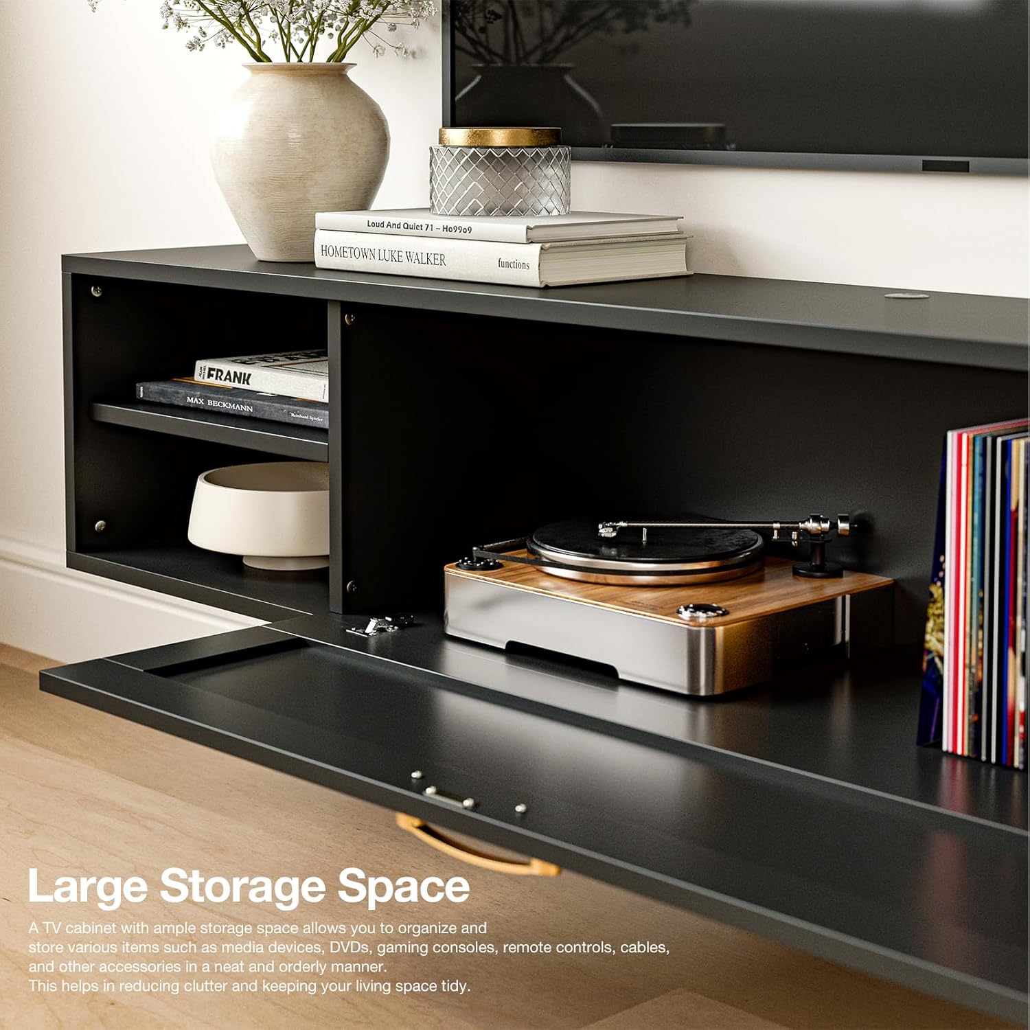 IKIFLY Floating TV Stand for 75 Inch TV, Mid Century Modern Center TV Stand w/Rattan Cabinet Door, Wall Mounted TV Cabinet, Entertainment Media Console Large Storage TV Shelfs for Living Room Black