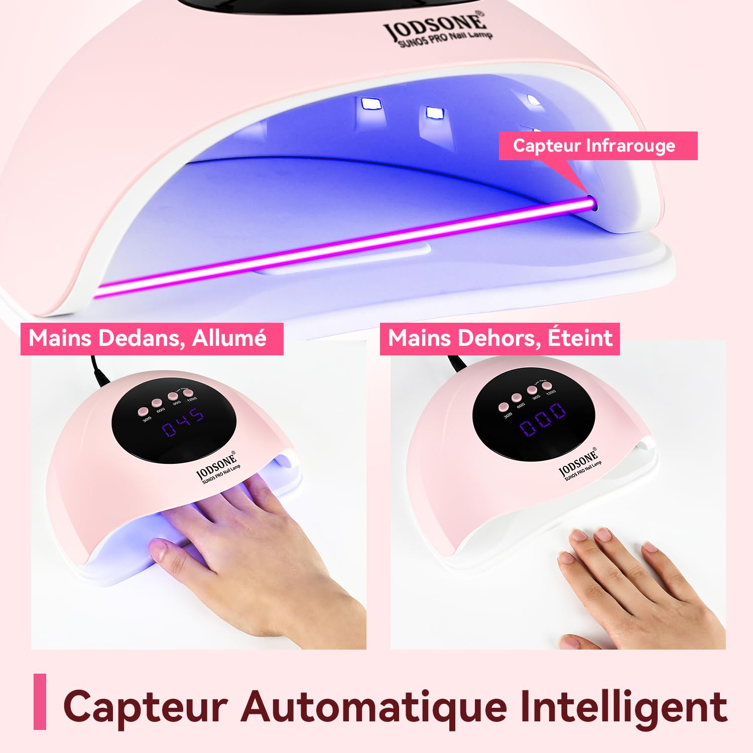 JODSONE Lampe UV Ongles Gel, Lampe à Ongles UV/LED Double Source Lumineuse avec 4 Minuteries et Capteur Automatique, Séchage Rapide du Vernis Gel-Rose