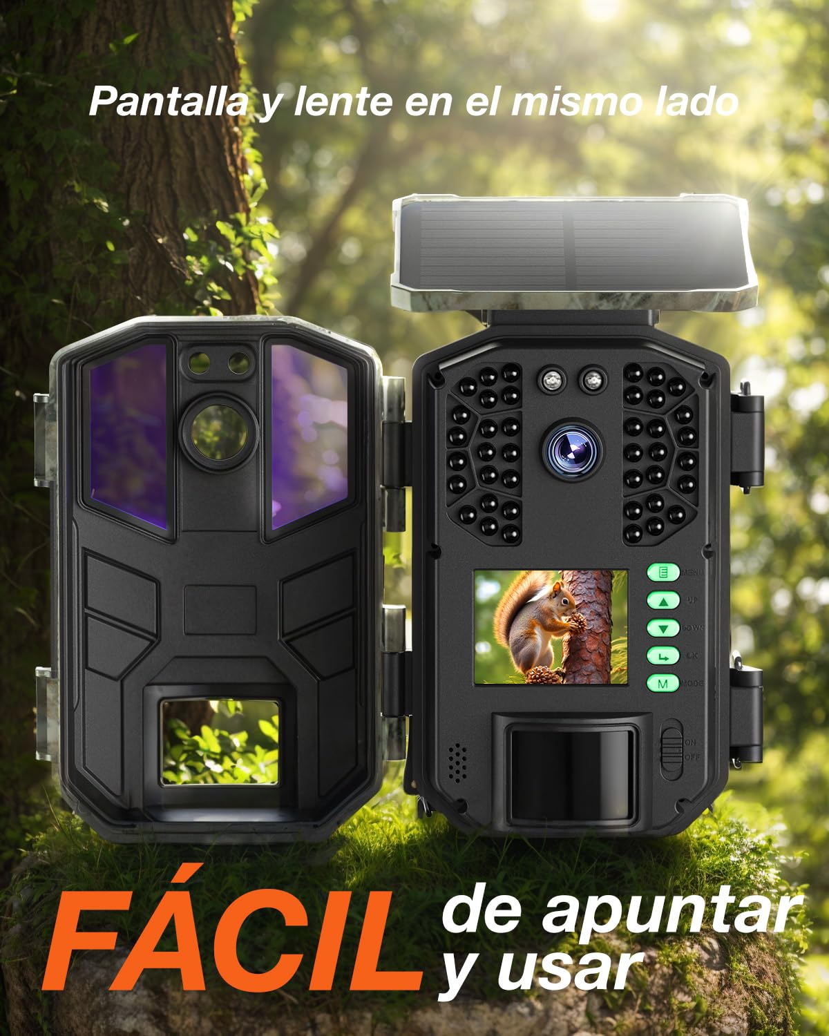 iZEEKER Cámara de Caza Solar, 4K Ultra HD 64MP Camara Fototrampeo con 32GB Micro SD Karte & 5200mAh Batería Recargable, Envio al Movil App y WiFi Bluetooth, Visión Nocturna, IP66 Impermeable