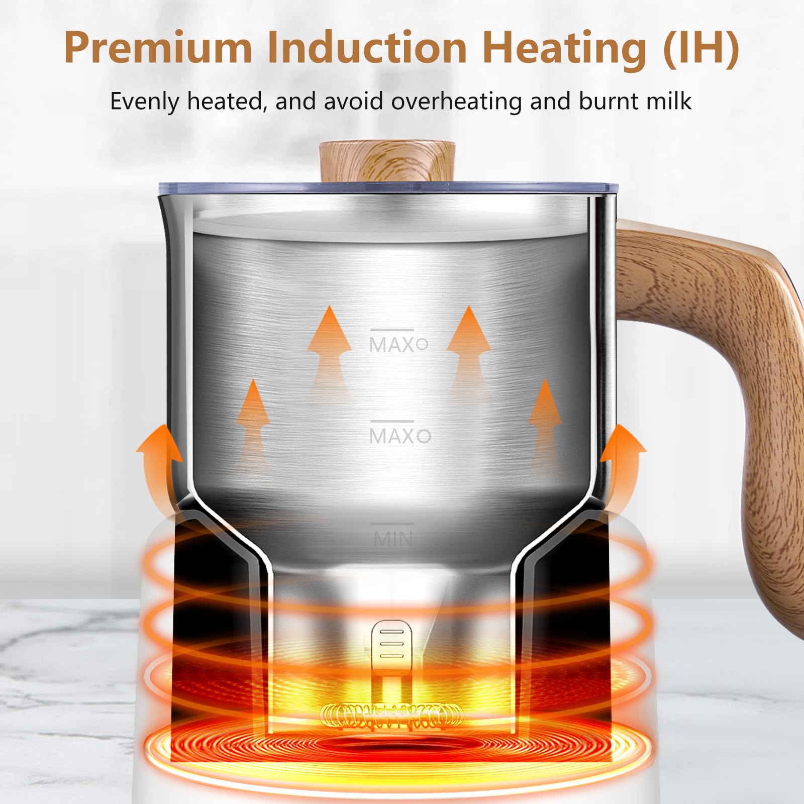 AMZCHEF 8-IN-1 Montalatte Elettrico Cappuccino 550 Watt, 600 ml Montalatte Elettrico con Tazza Divisa per Schiuma di Latte Calda e Fredda, Latte Caldo, Alimenti per Bambini a Base di Latte