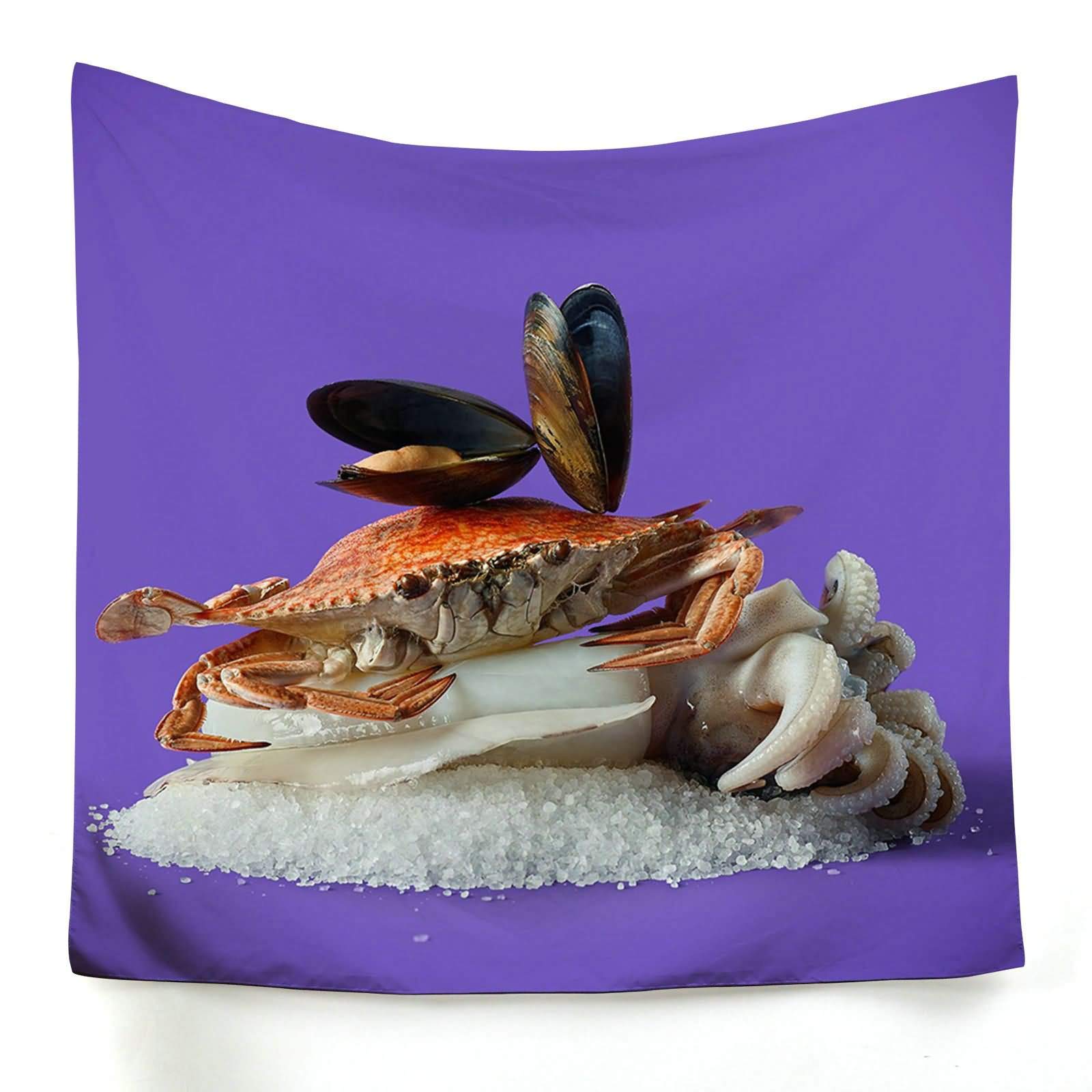 Tapisserie murale violette crabe et coquillage toile imprimée mode 150x130cm