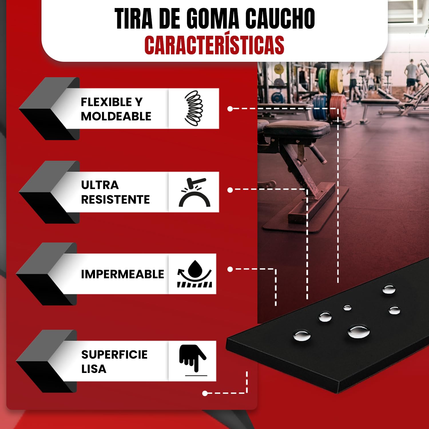 Tiras de Goma SBR en Rollo Antideslizante, Resistentes a Aceites y Alta Durabilidad para Taller, Gimnasio, Aislamiento y Uso Industrial; 25, 50 Y 100 mm Ancho, 1, 3 y 6 m Largo, 3 y 5 mm Espesor
