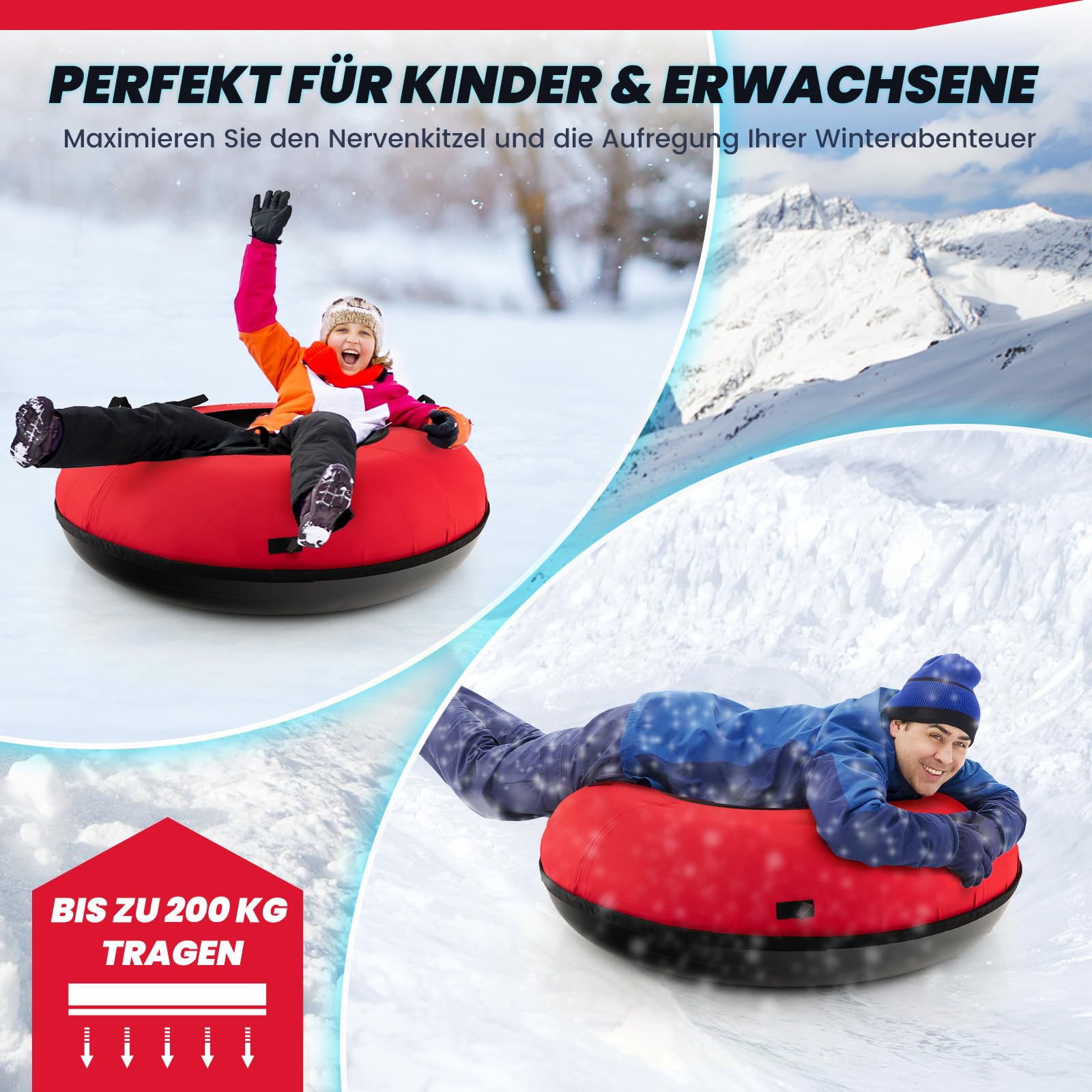 GOPLUS Trineo inflable 100 cm neumáticos de nieve con correa asiento acolchado tubo de nieve tela oxford 200 kg antideslizante para niños