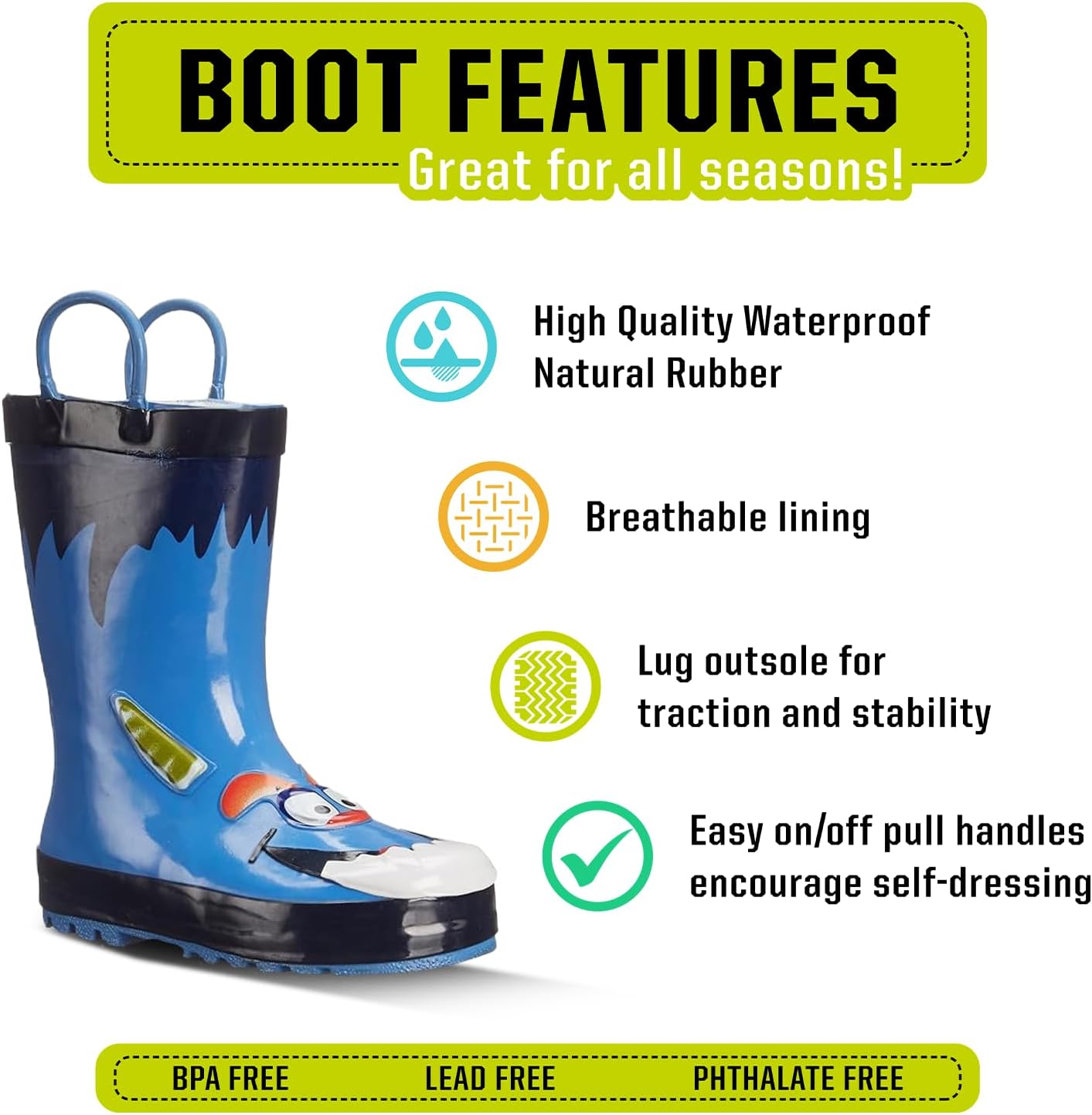 Western Chief Boys Waterproof Printed Rain Boots with Easy Pull on Handles