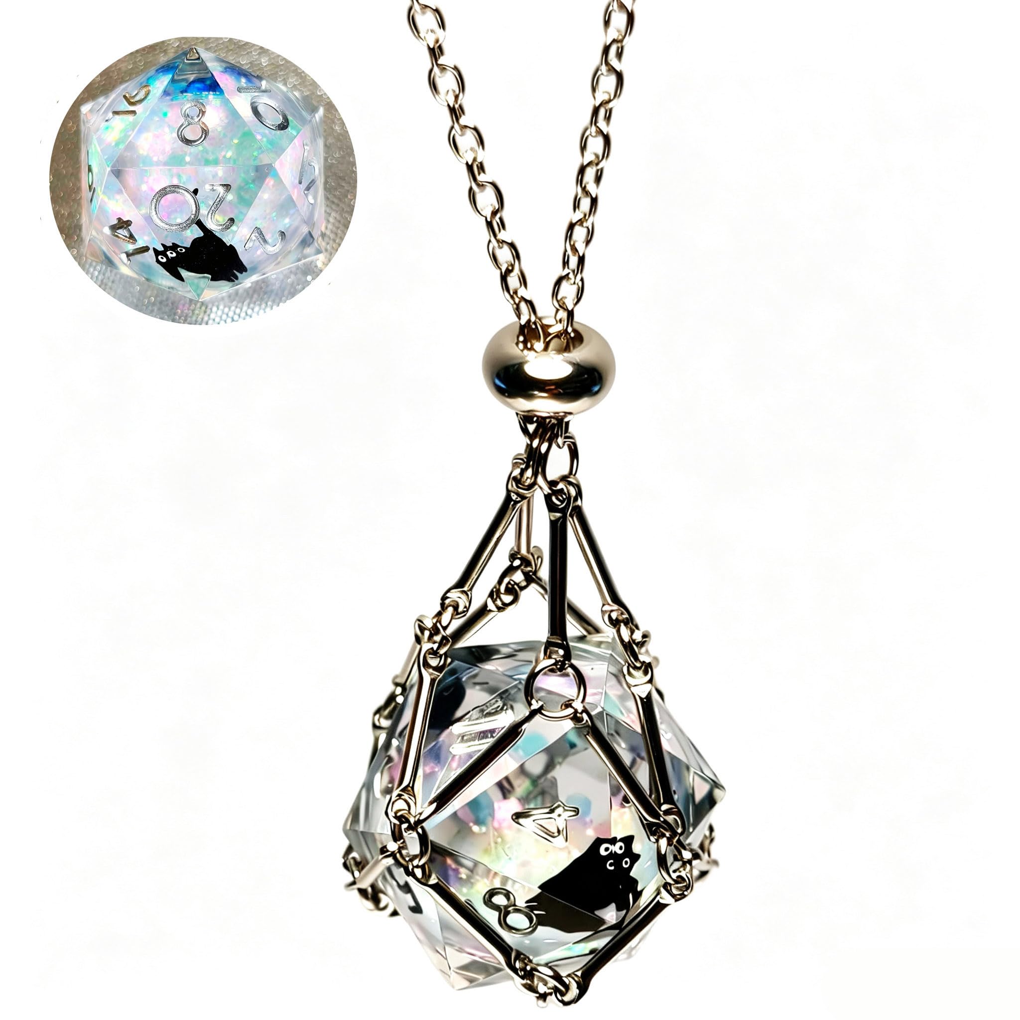 DND D20 Liquid Core Dice Necklace - Interchangeable Stainless Steel Cage for d&d Dice，Dice Pendant DND Gift for Dungeon Master, D&D Player and RPG Gamer (Transparent + Cat)